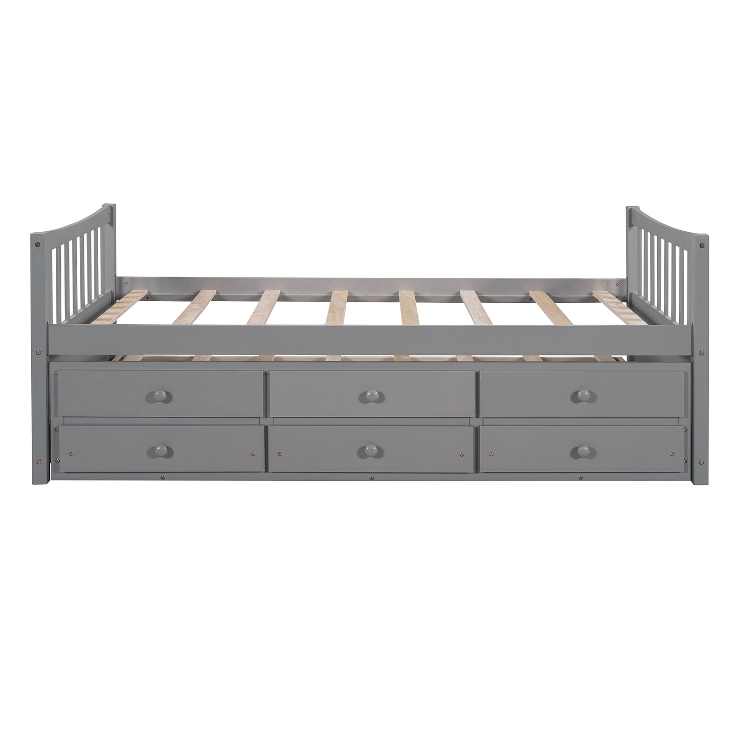 Grey wooden daybed with six storage drawers and slatted mattress support
