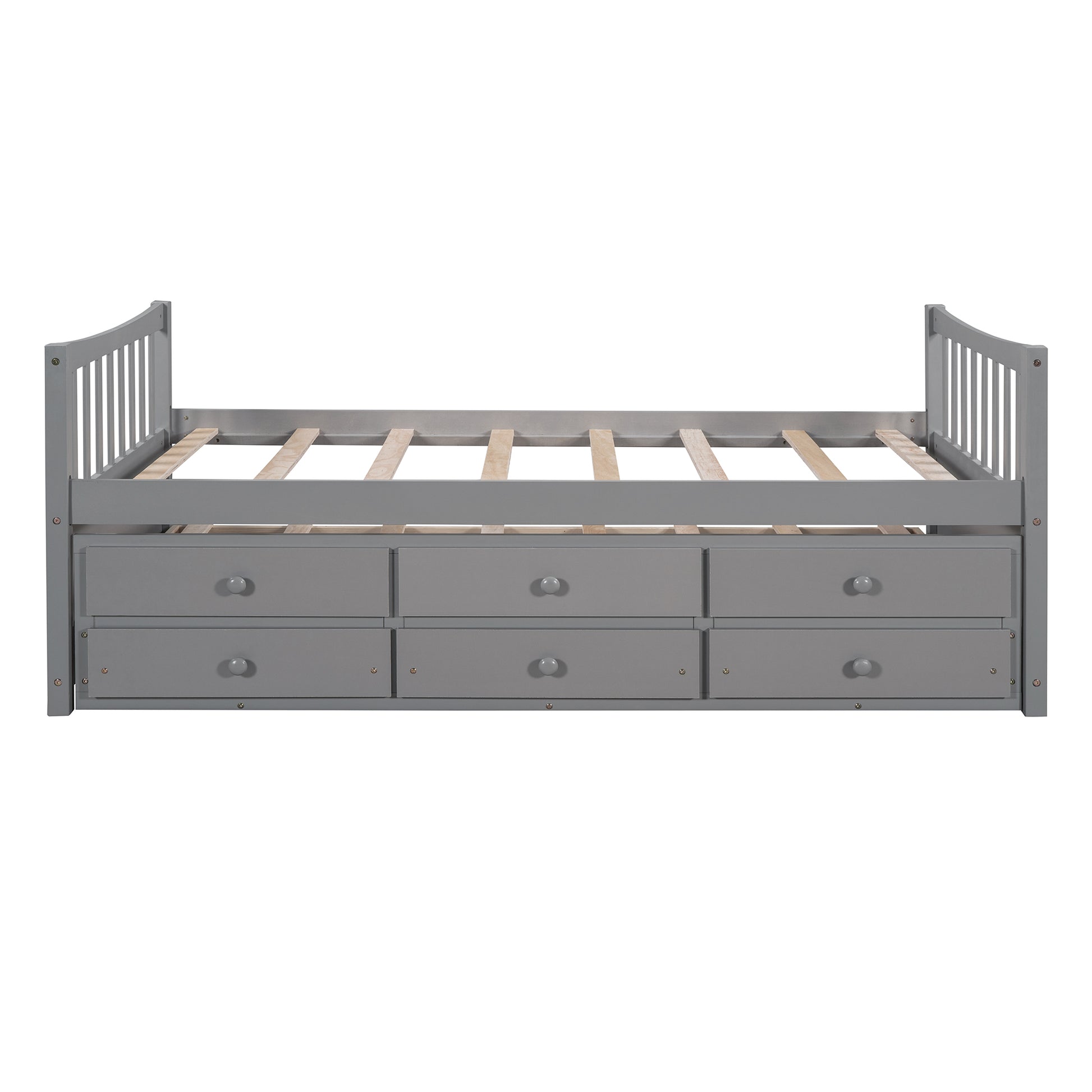 Grey wooden daybed with six storage drawers and slatted mattress support