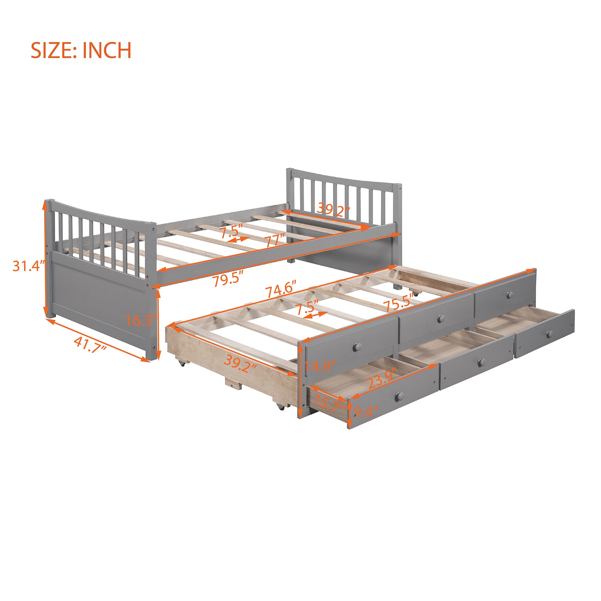 Gray twin daybed with three integrated drawers perfect for kids rooms