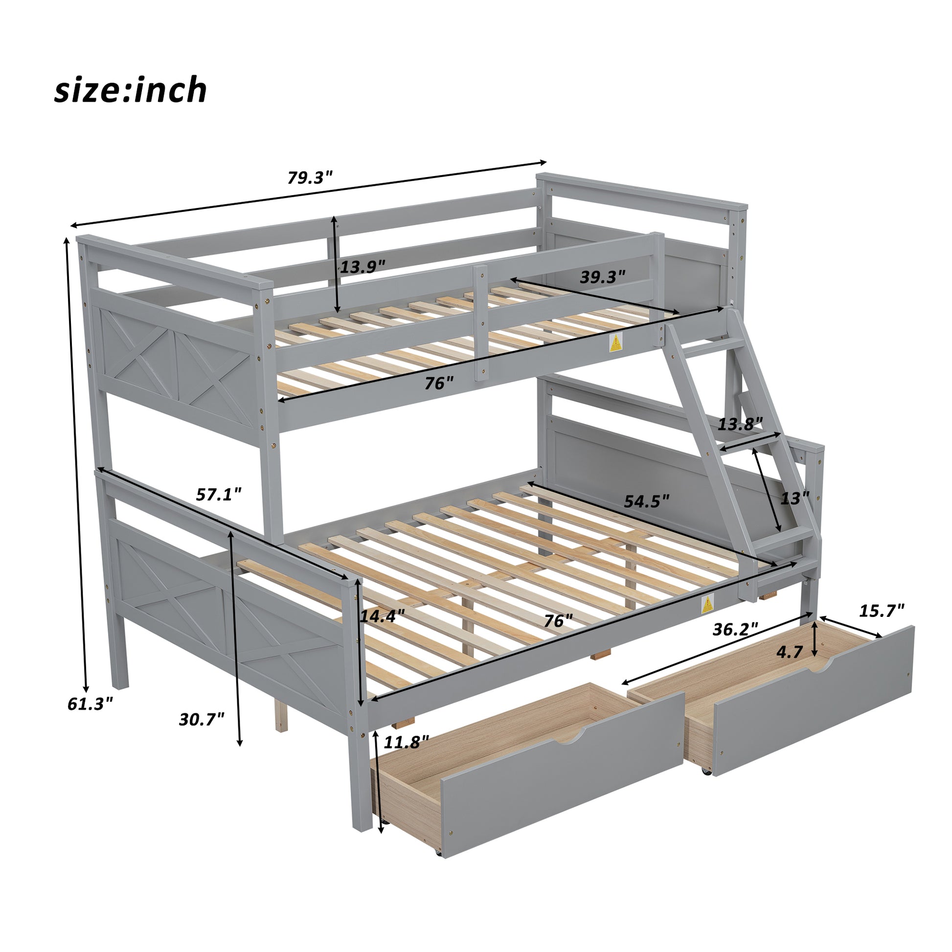Gray wooden triple bunk bed with ladder and storage drawers