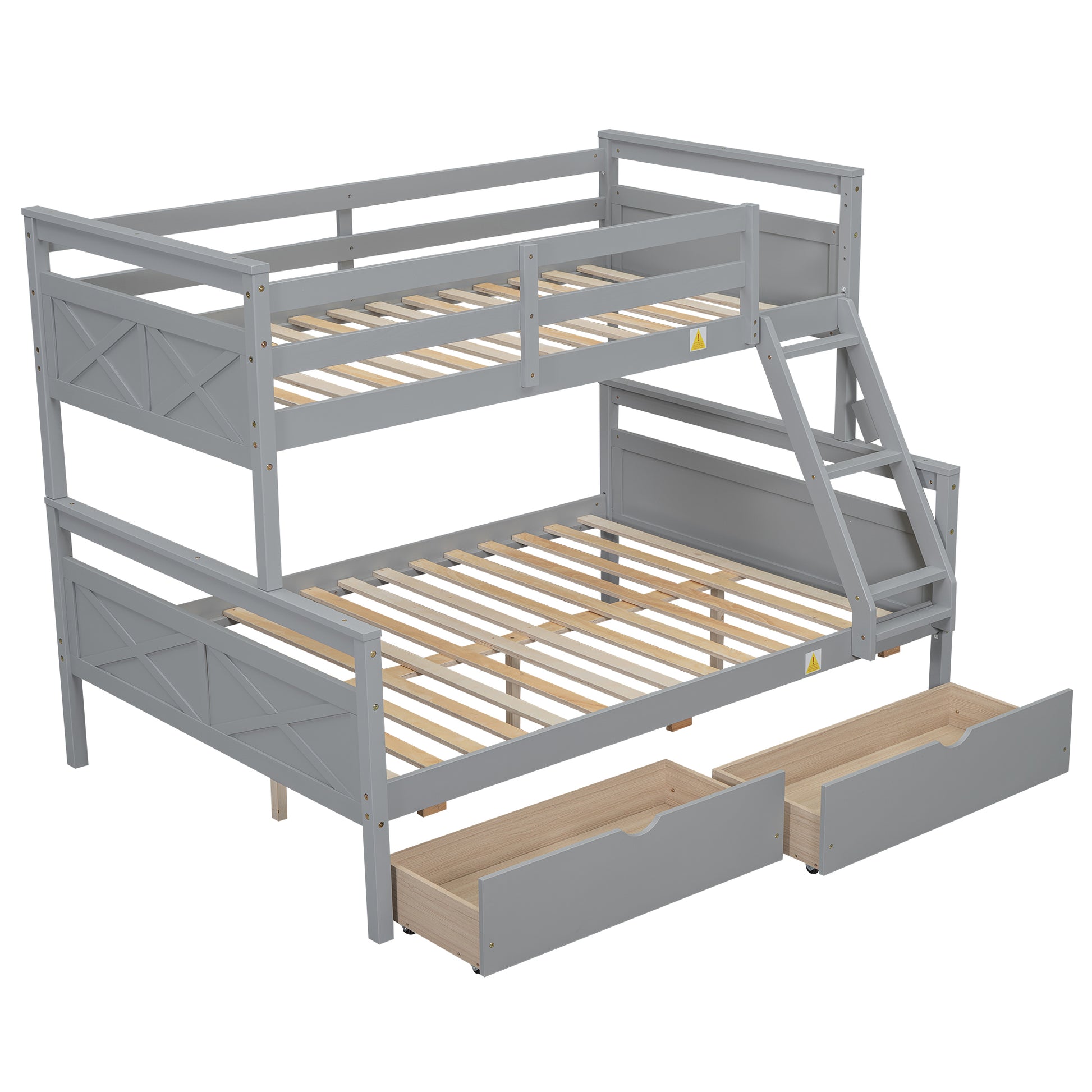 Grey wooden triple bunk bed with drawers