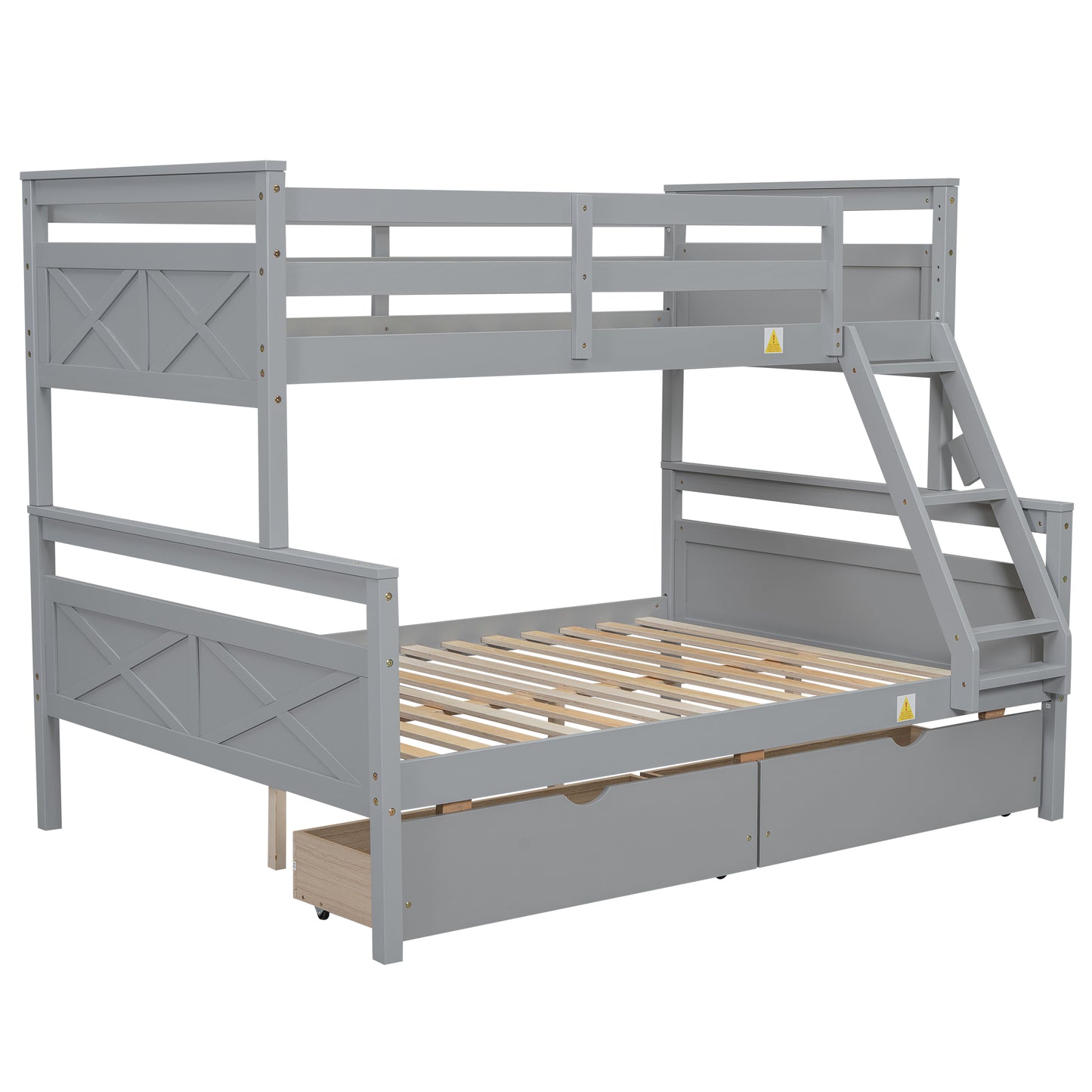 Gray wooden triple bunk bed with two drawers