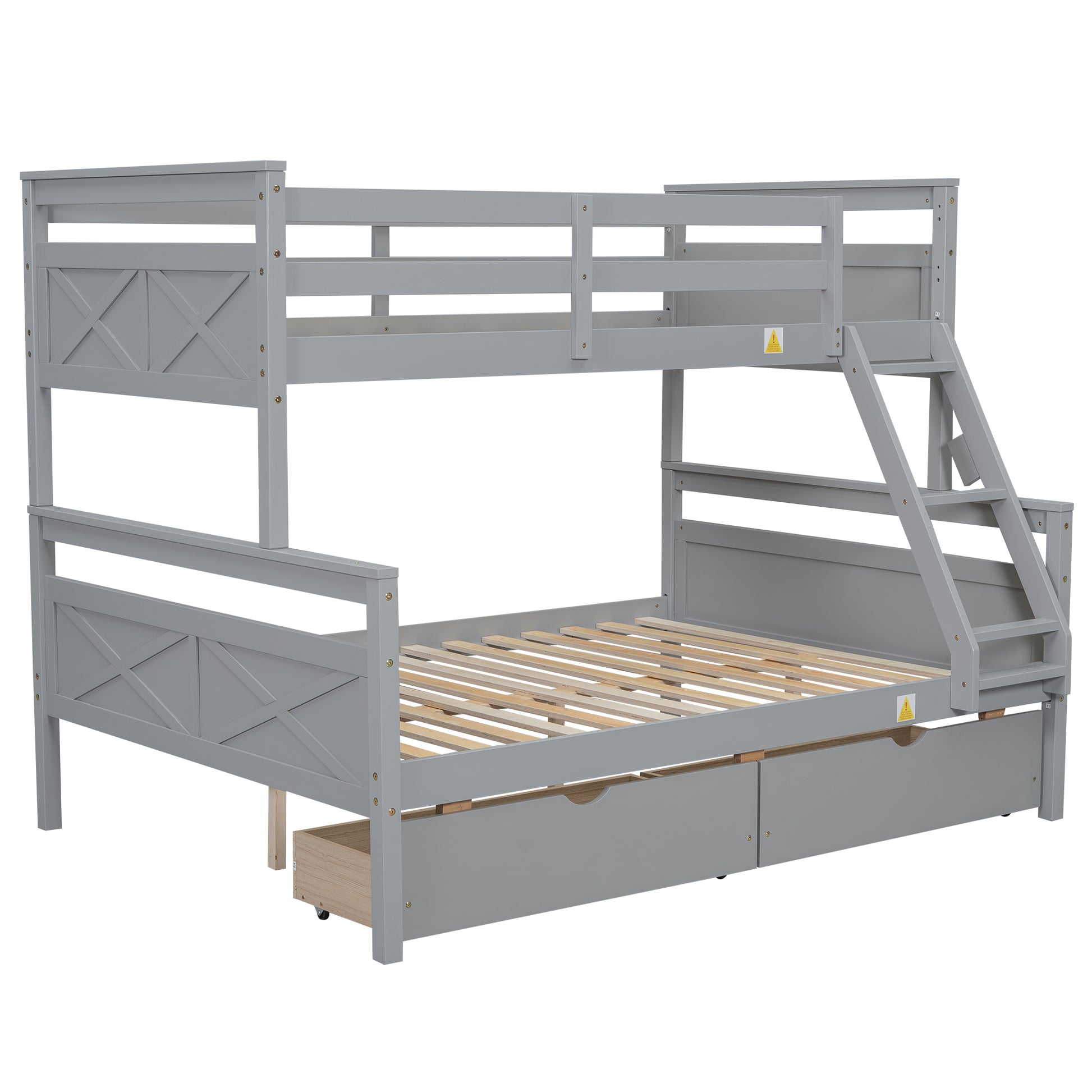 Gray wooden triple bunk bed with two drawers