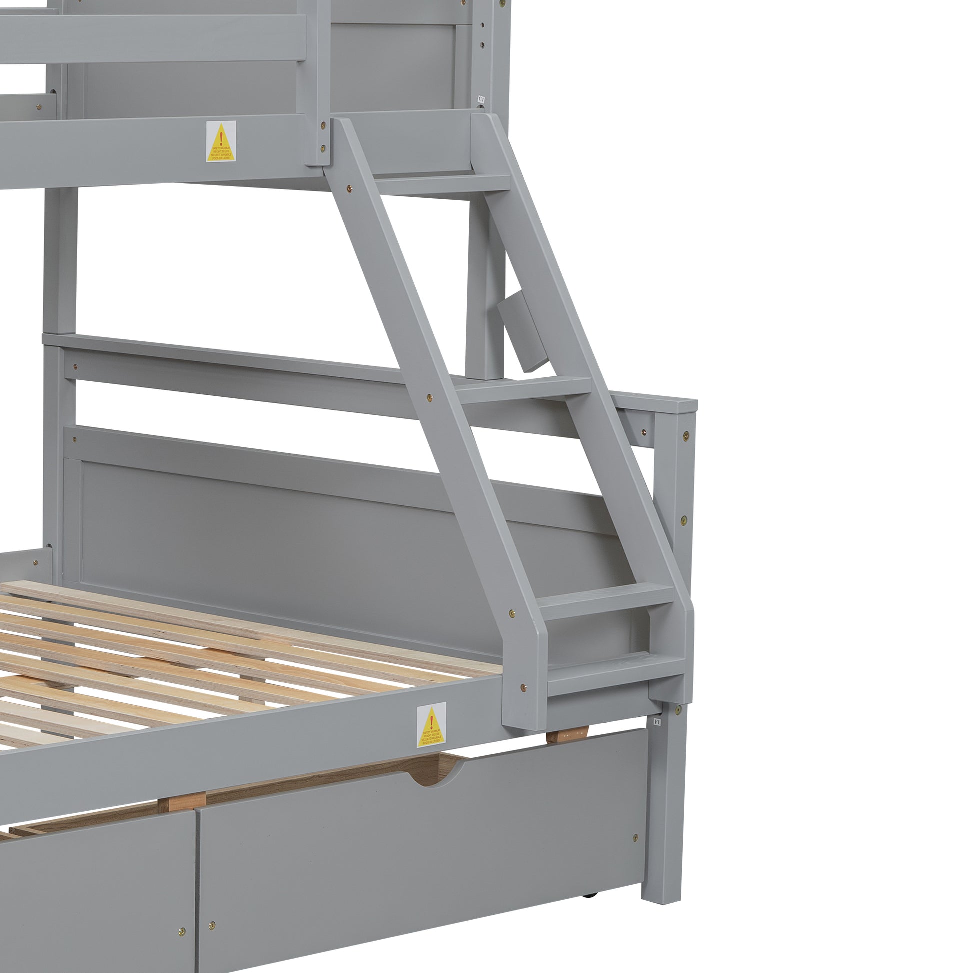 Gray wooden bunk bed ladder with safety warning sticker