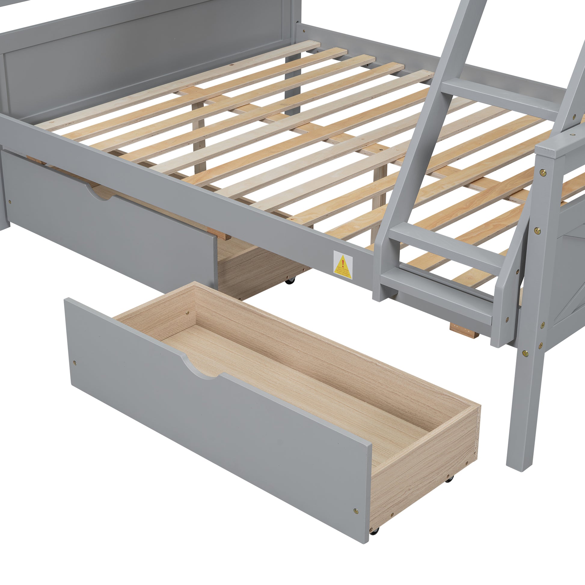 Gray wooden bunk bed with pullout storage drawers