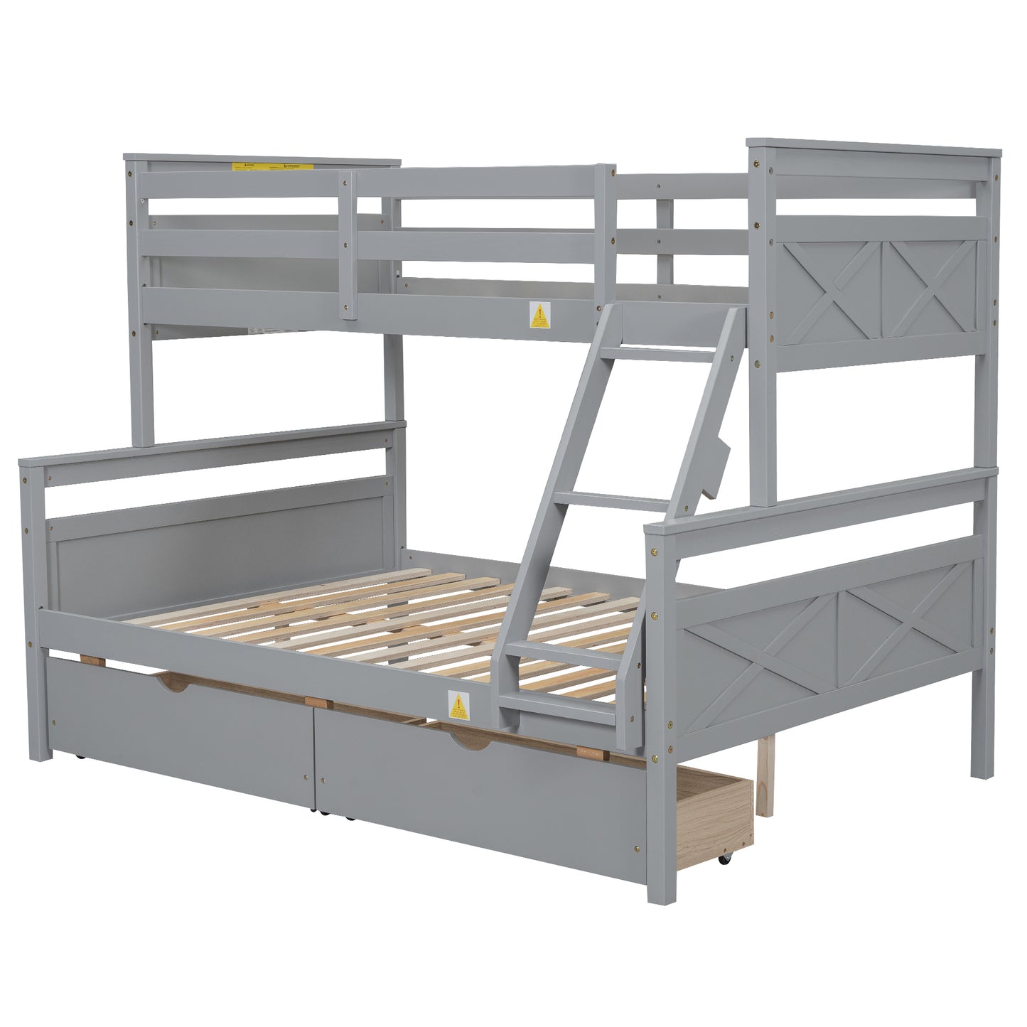 Gray wooden bunk bed with three drawers and ladder for kids room