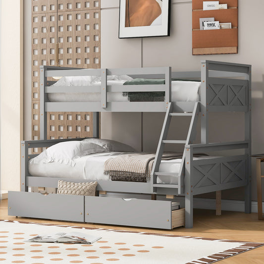 Gray twin over full bunk bed with drawers