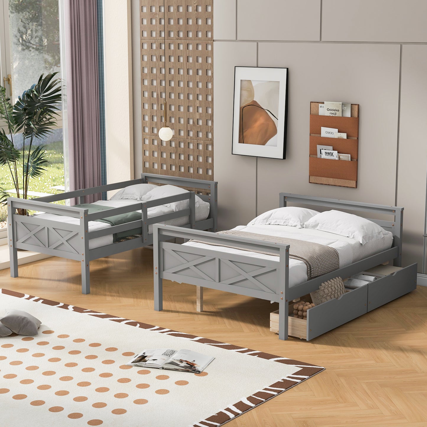 Gray twin over twin bunk bed with storage drawers and safety rails