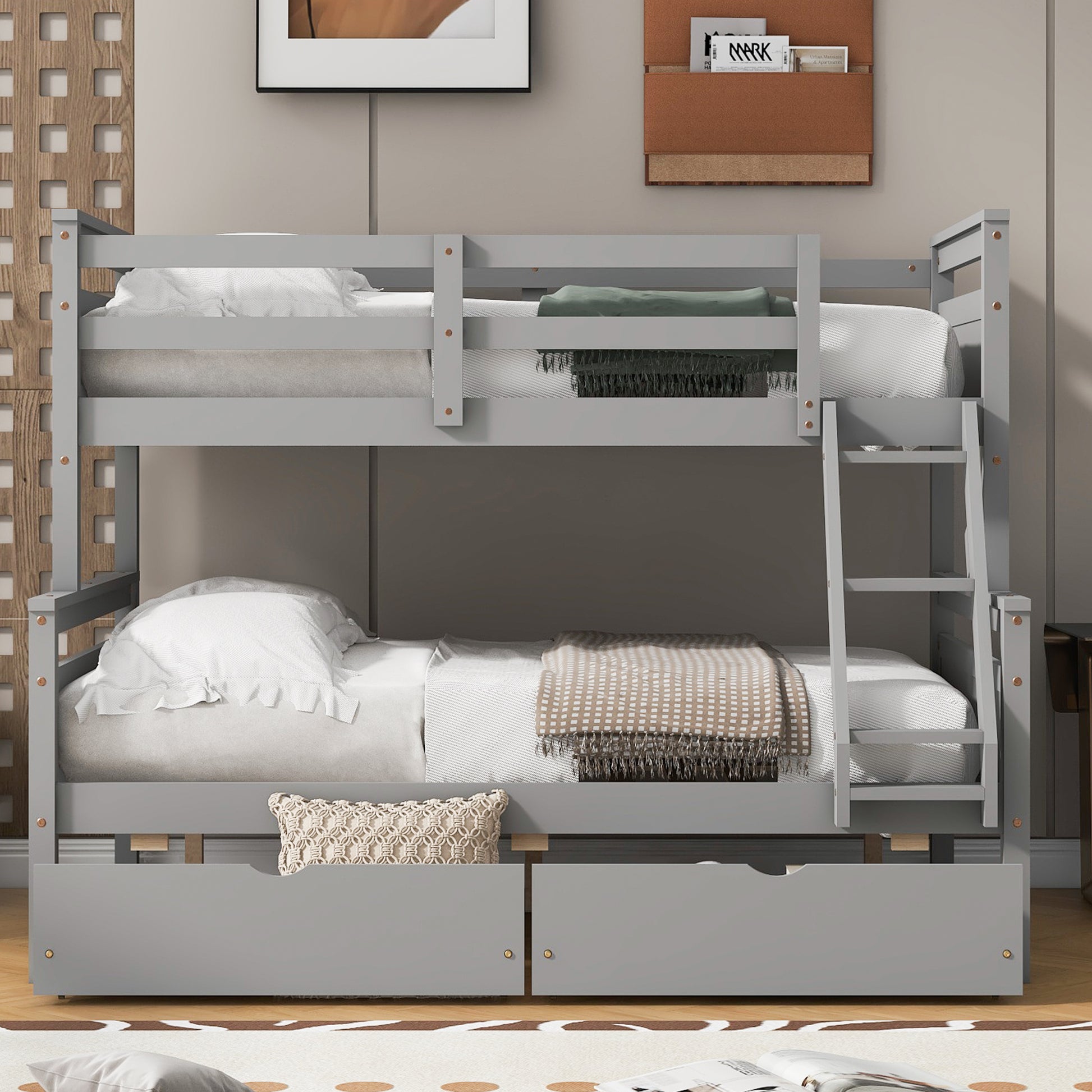 Grey wooden bunk bed with ladder and two storage drawers
