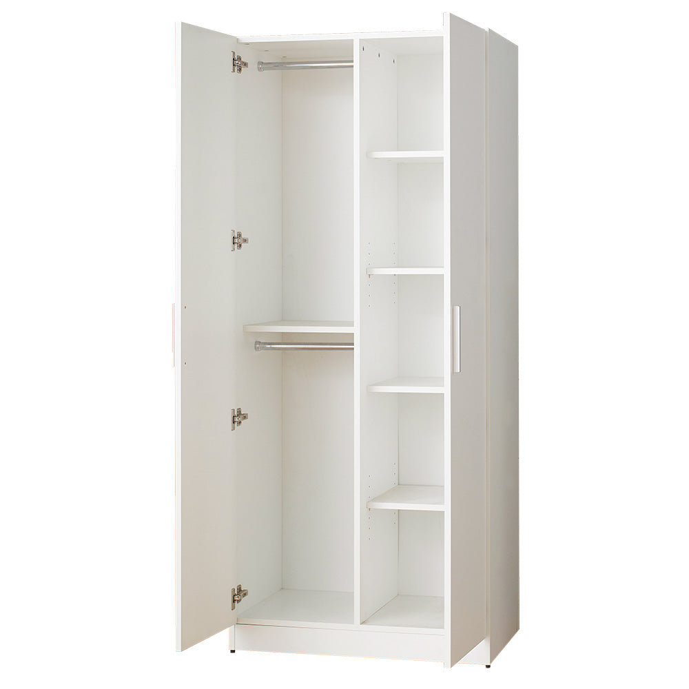 White doubledoor wardrobe with hanging rail and three shelves on the right