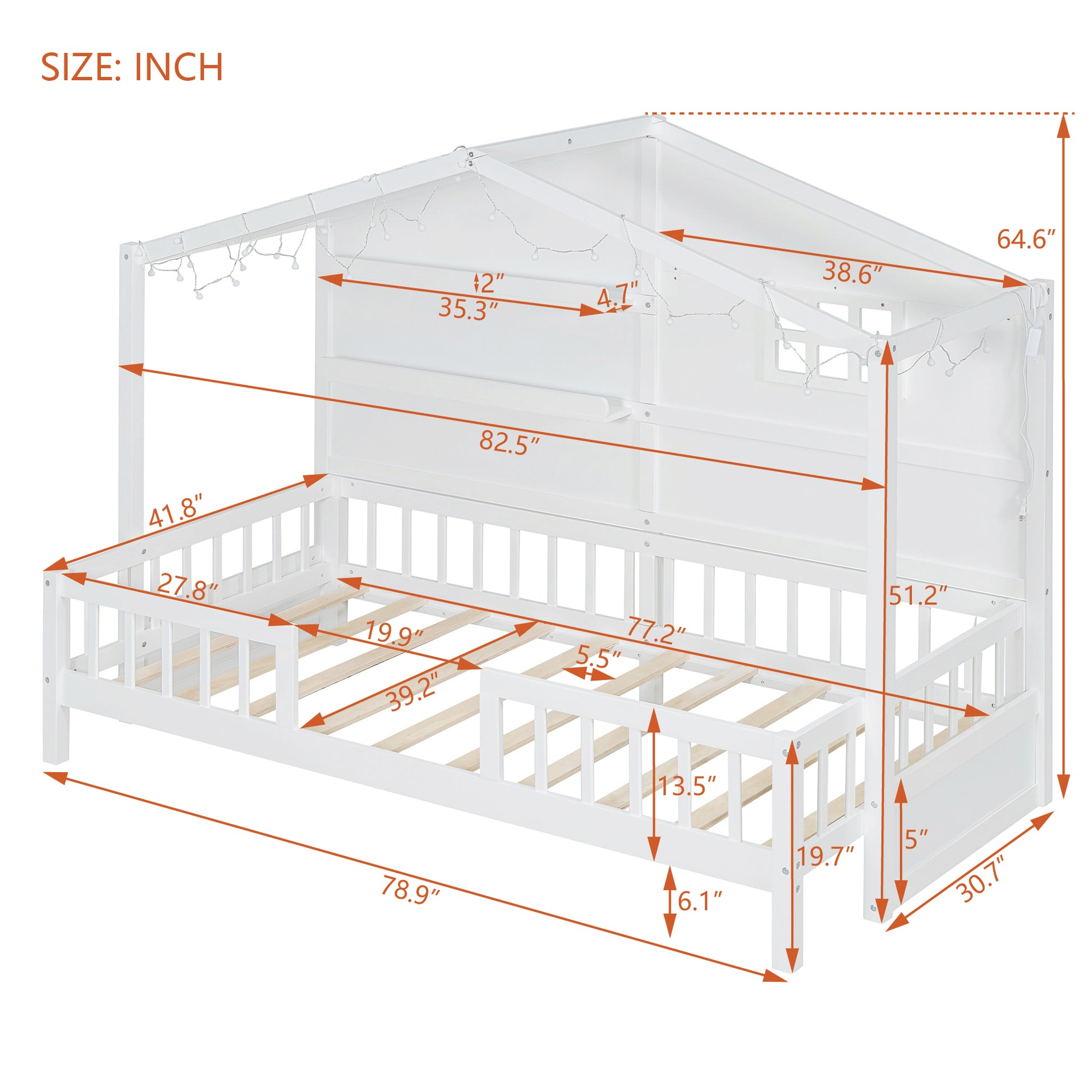 White wooden house bed frame with fairy lights and dimensions