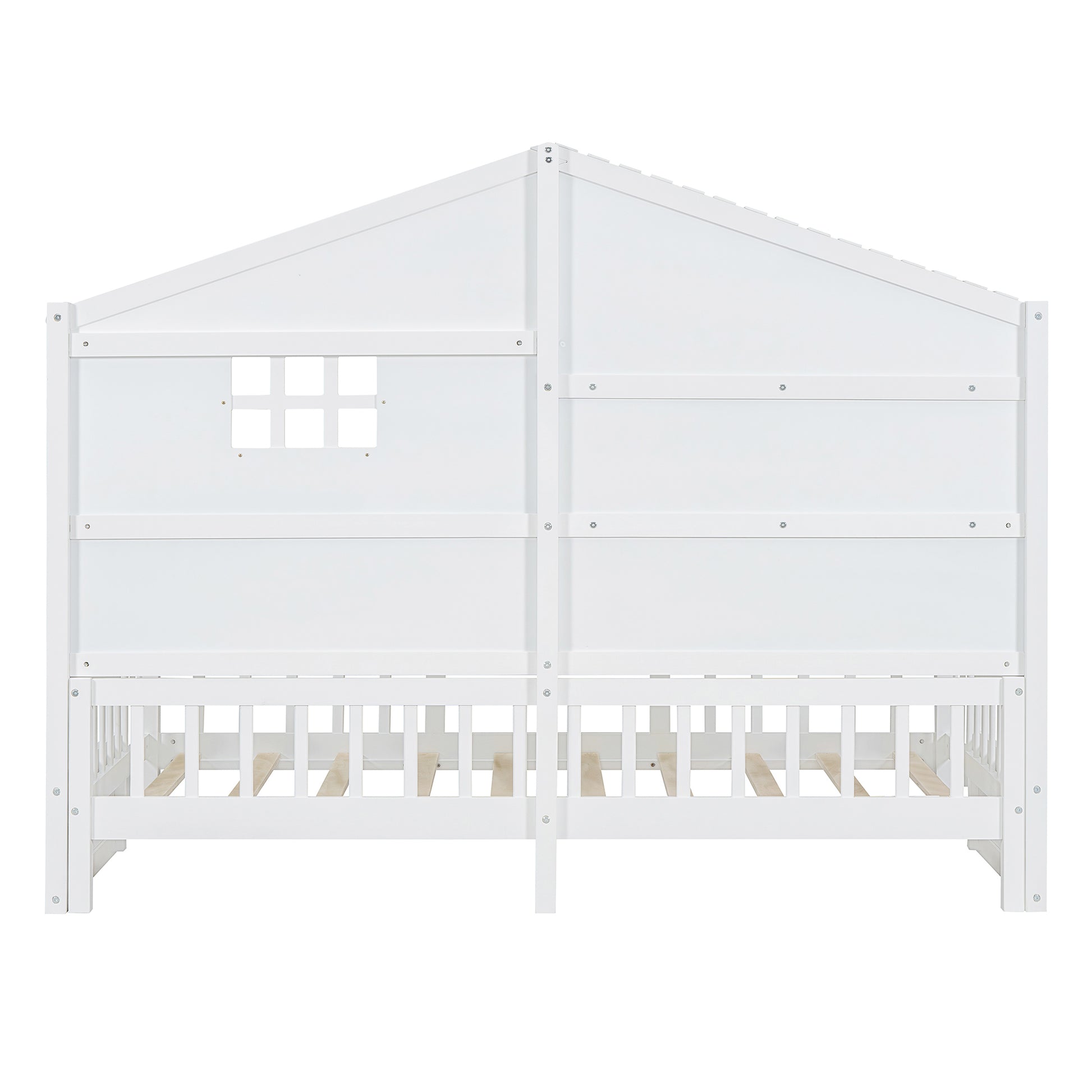 White wooden house bed frame with a pitched roof and window detail