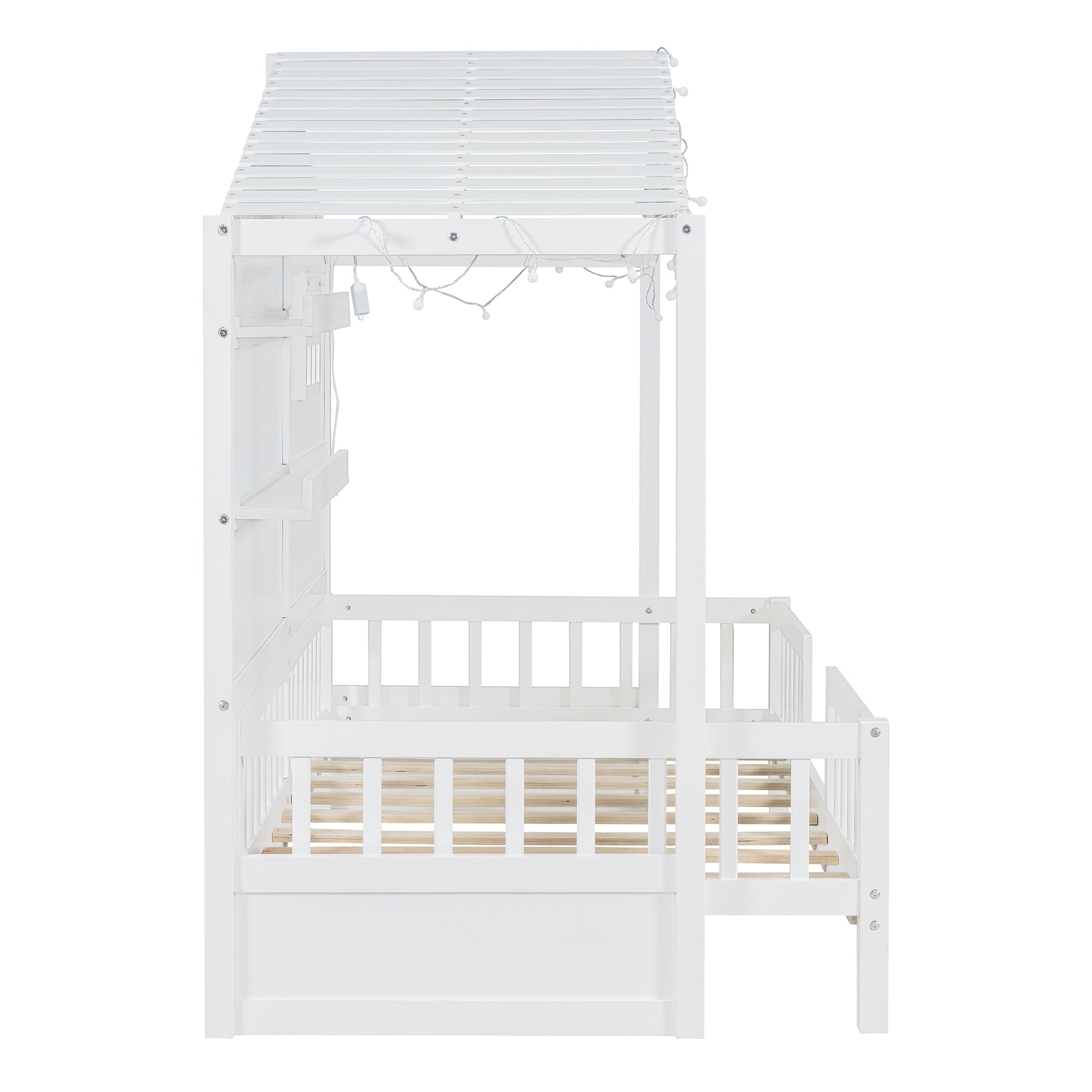 White wooden house bed with string lights