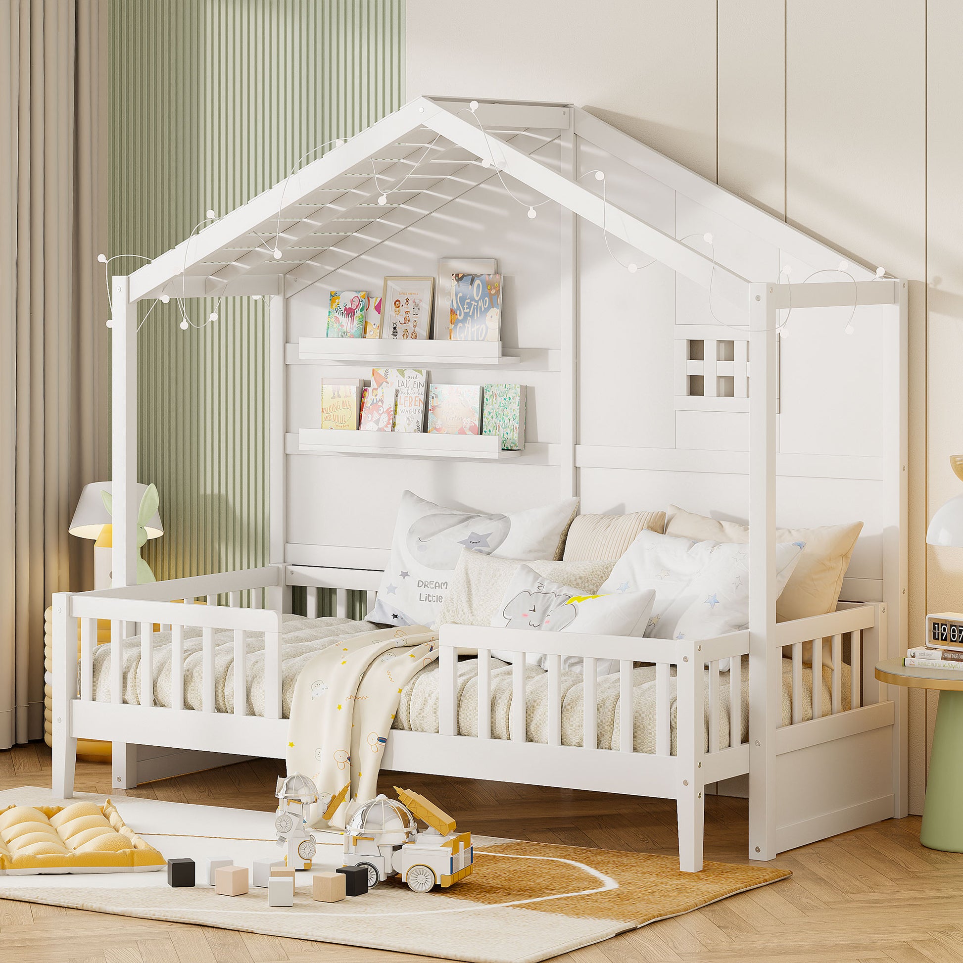 White wooden toddler bed with house frame