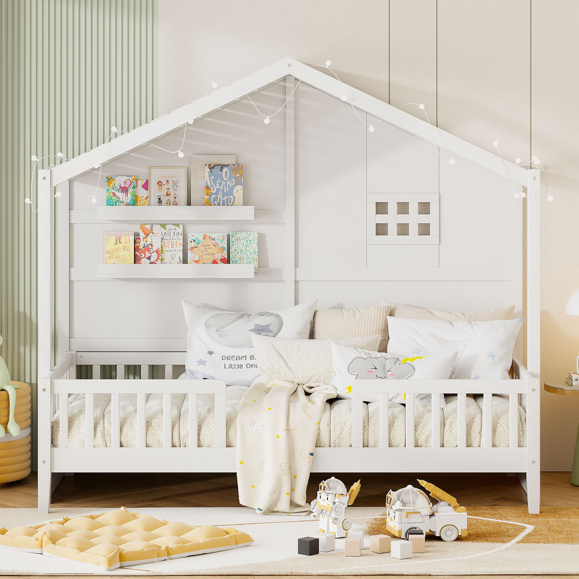White wooden house bed frame with string lights