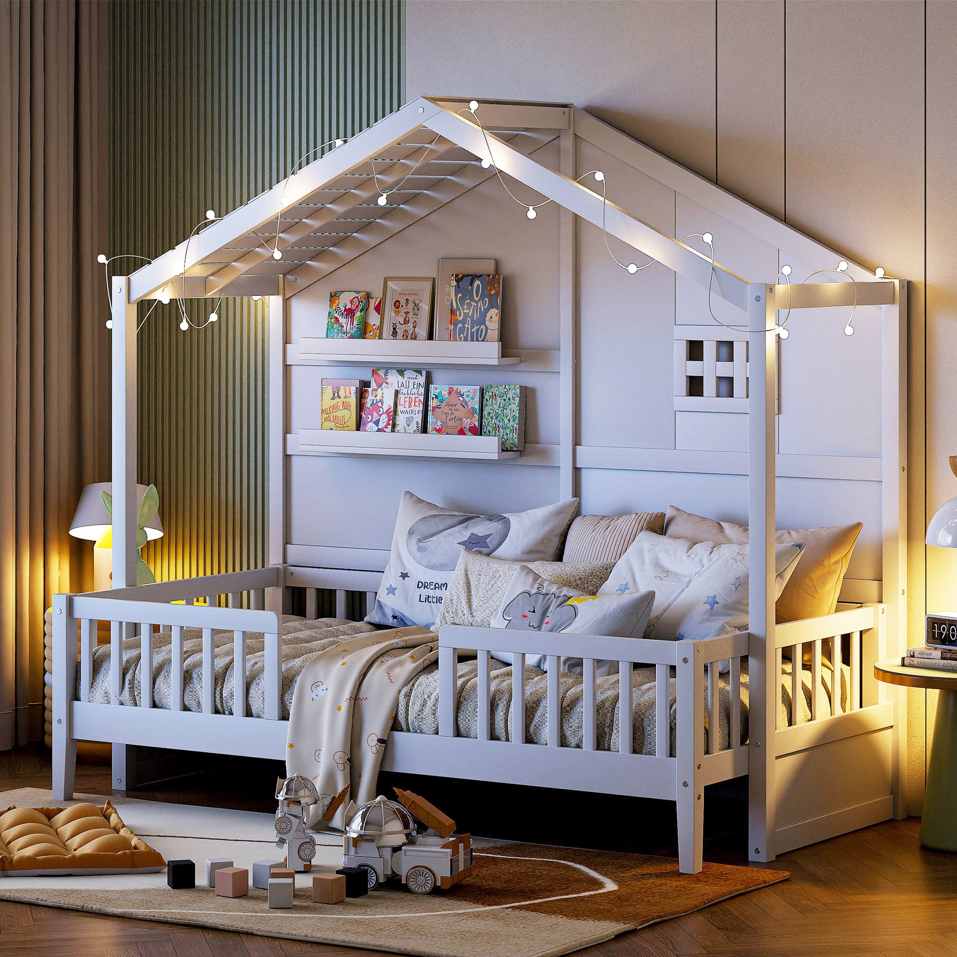 White wooden house bed frame with string lights
