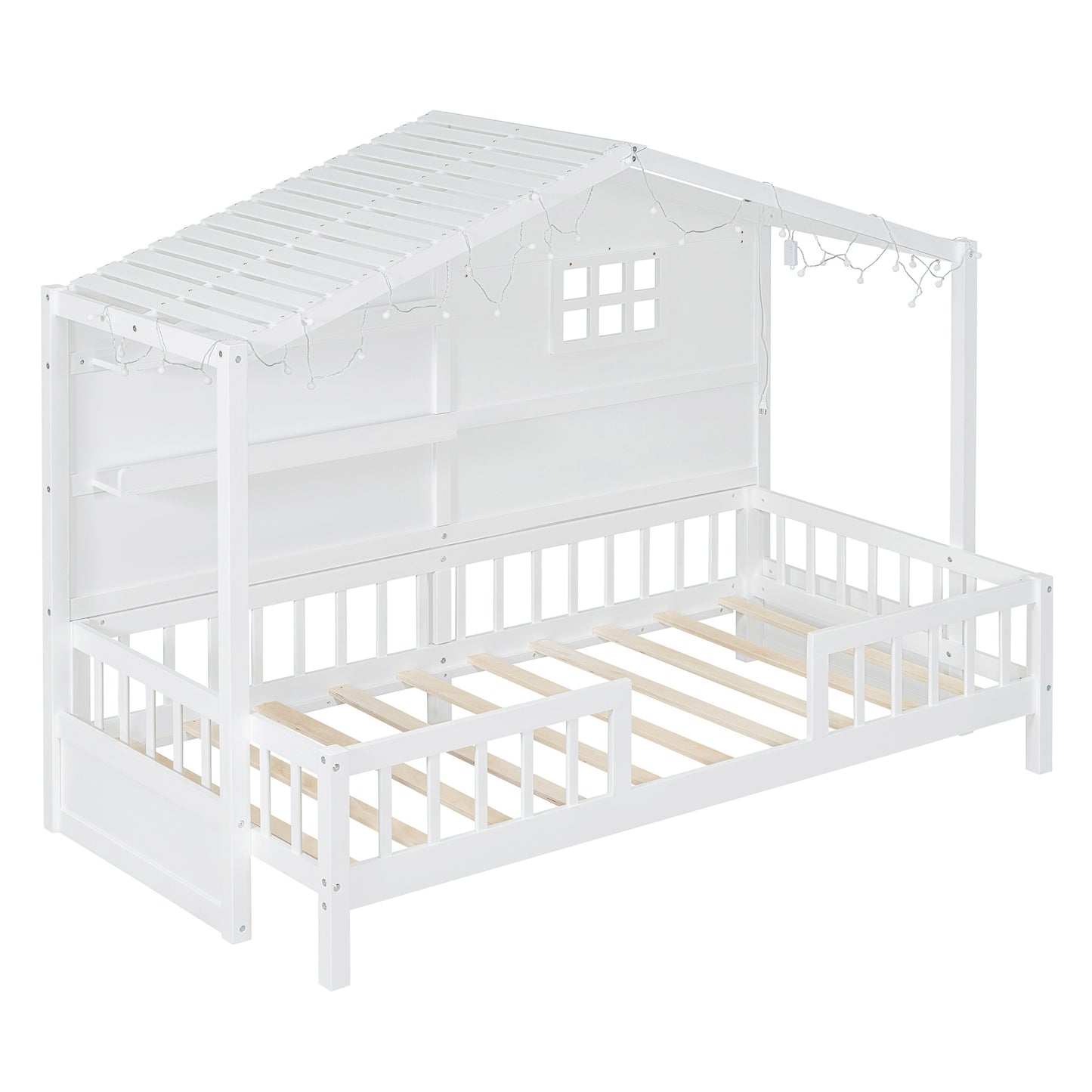 White wooden twin house bed frame with safety rails and decorative fairy lights