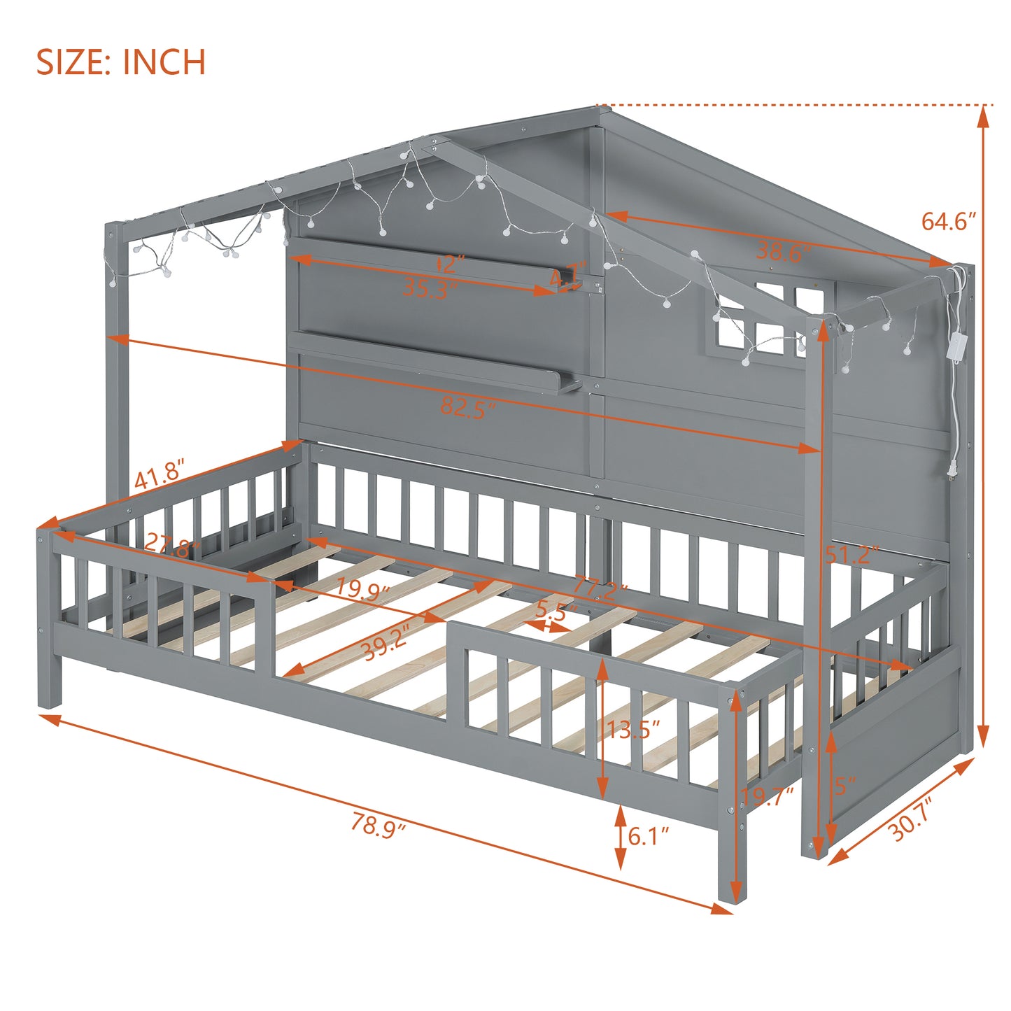 Gray wooden house bed frame with fairy lights dimensions shown