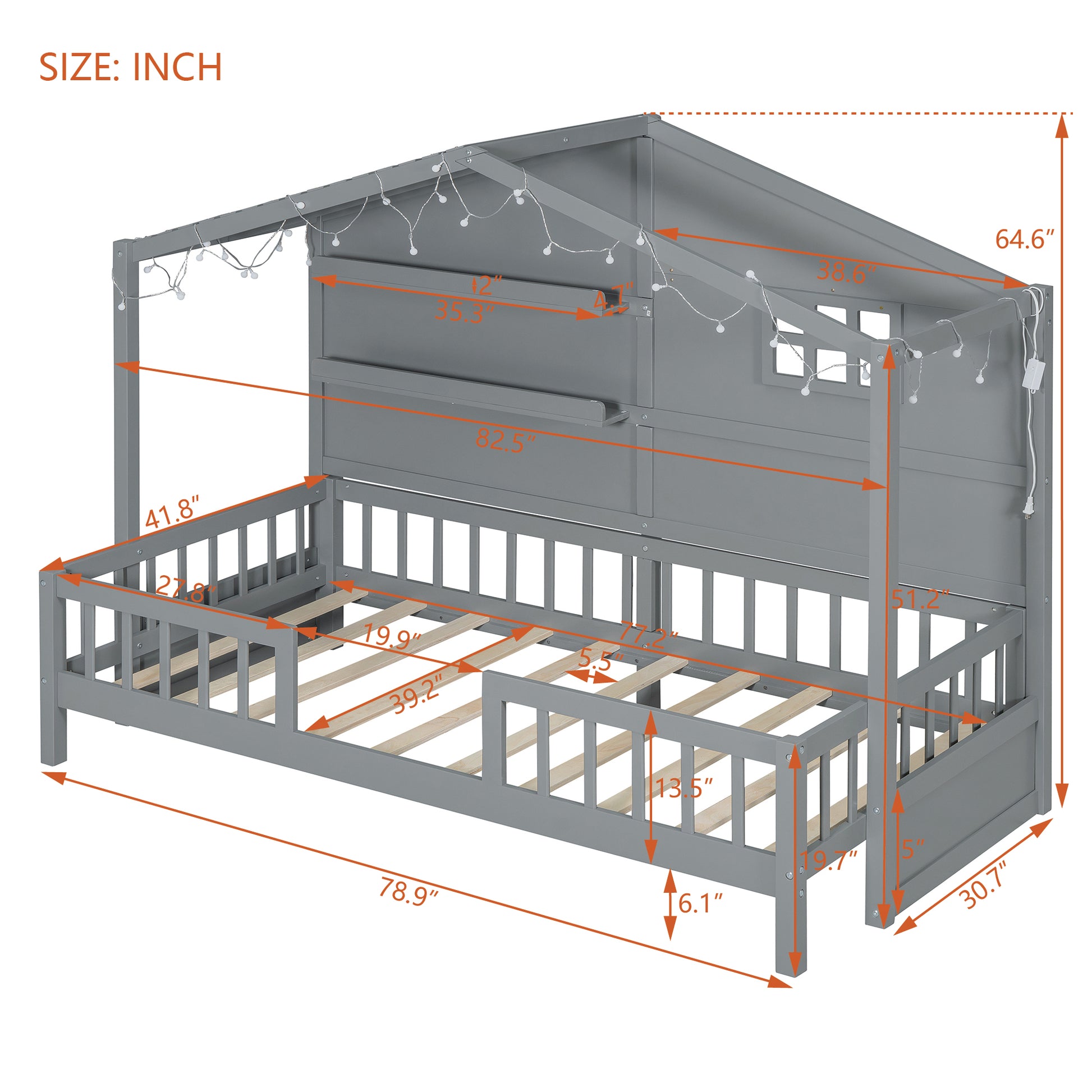 Gray wooden house bed frame with fairy lights dimensions shown