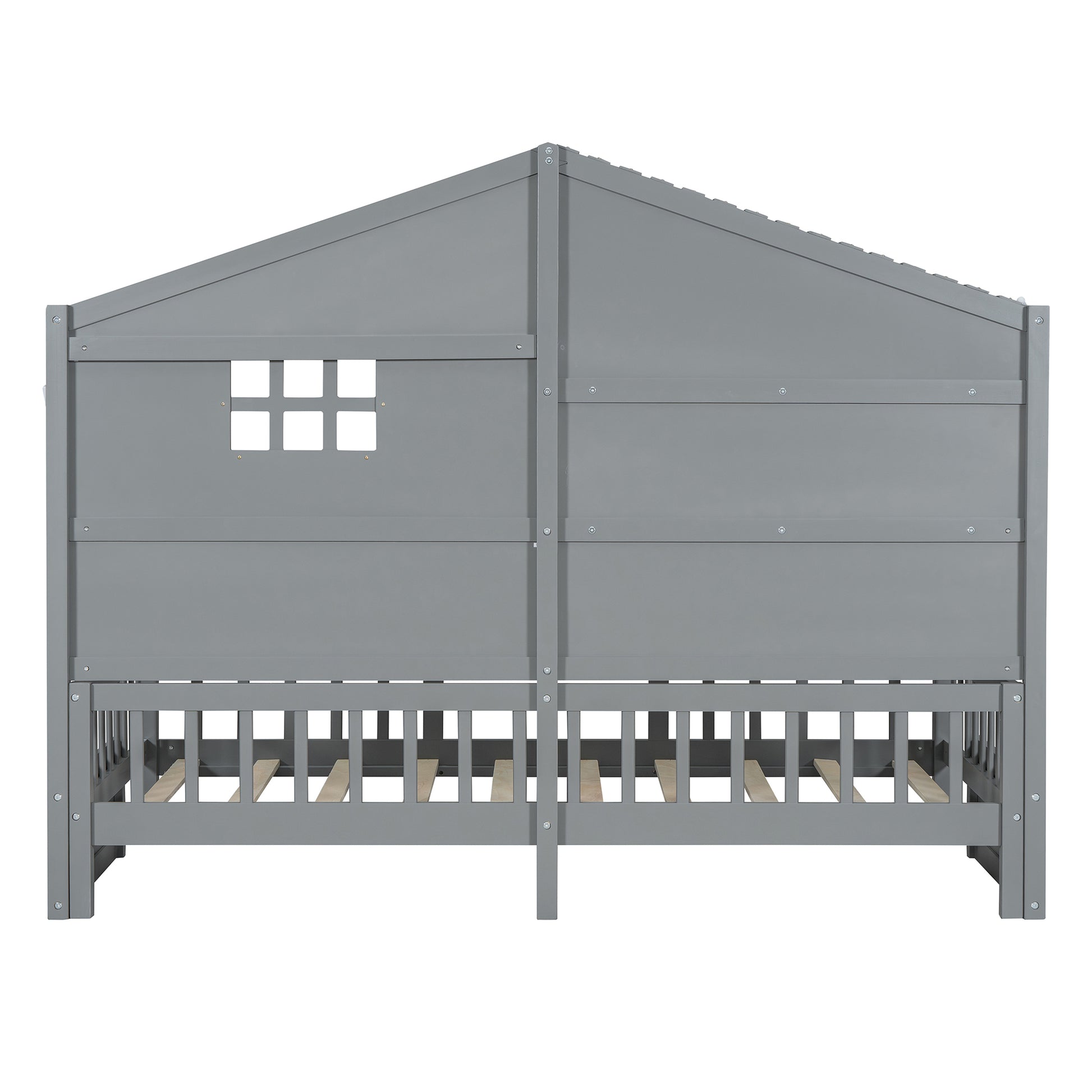Gray wooden house bed frame with a playful window detail for a childs room