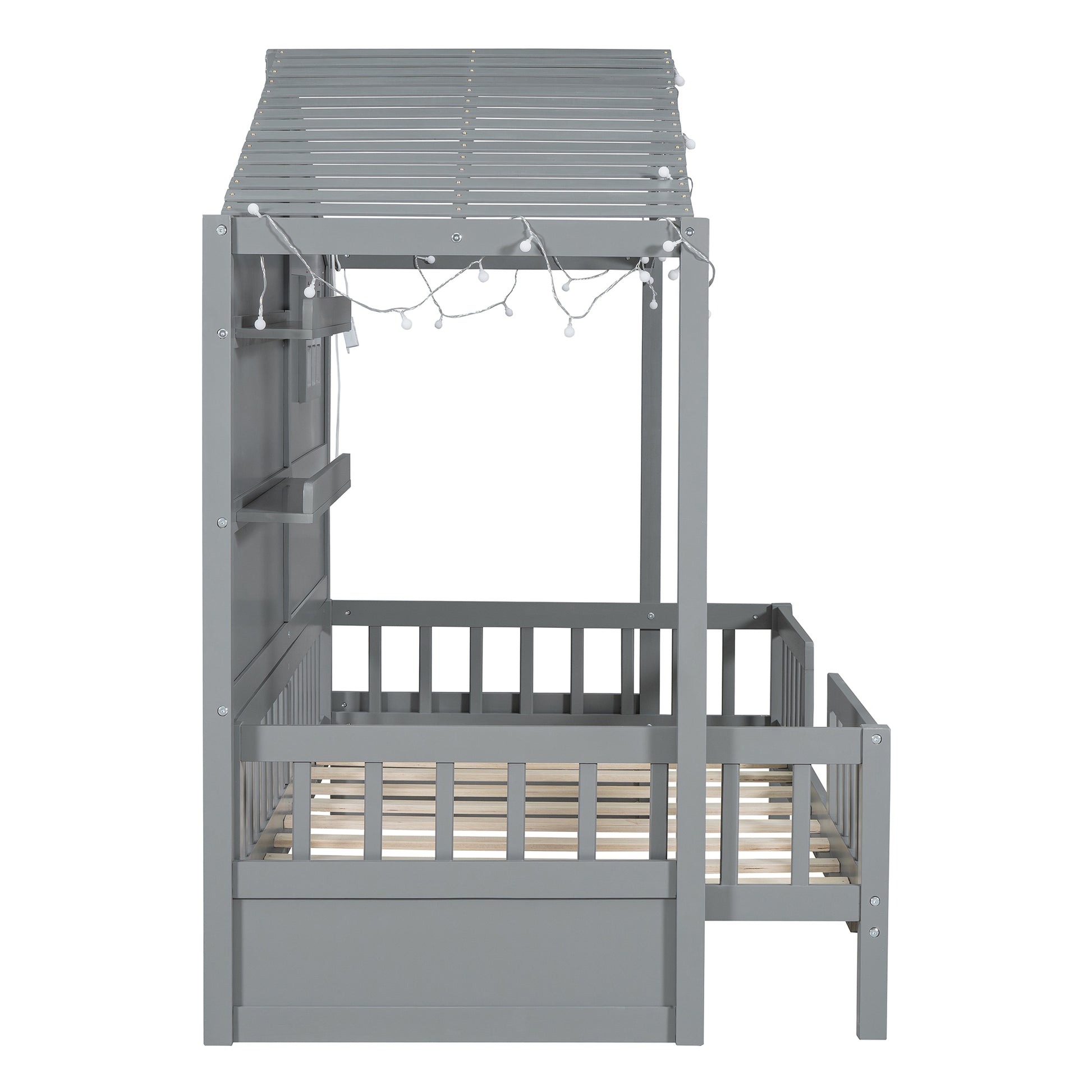 Grey wooden house bed frame with string lights