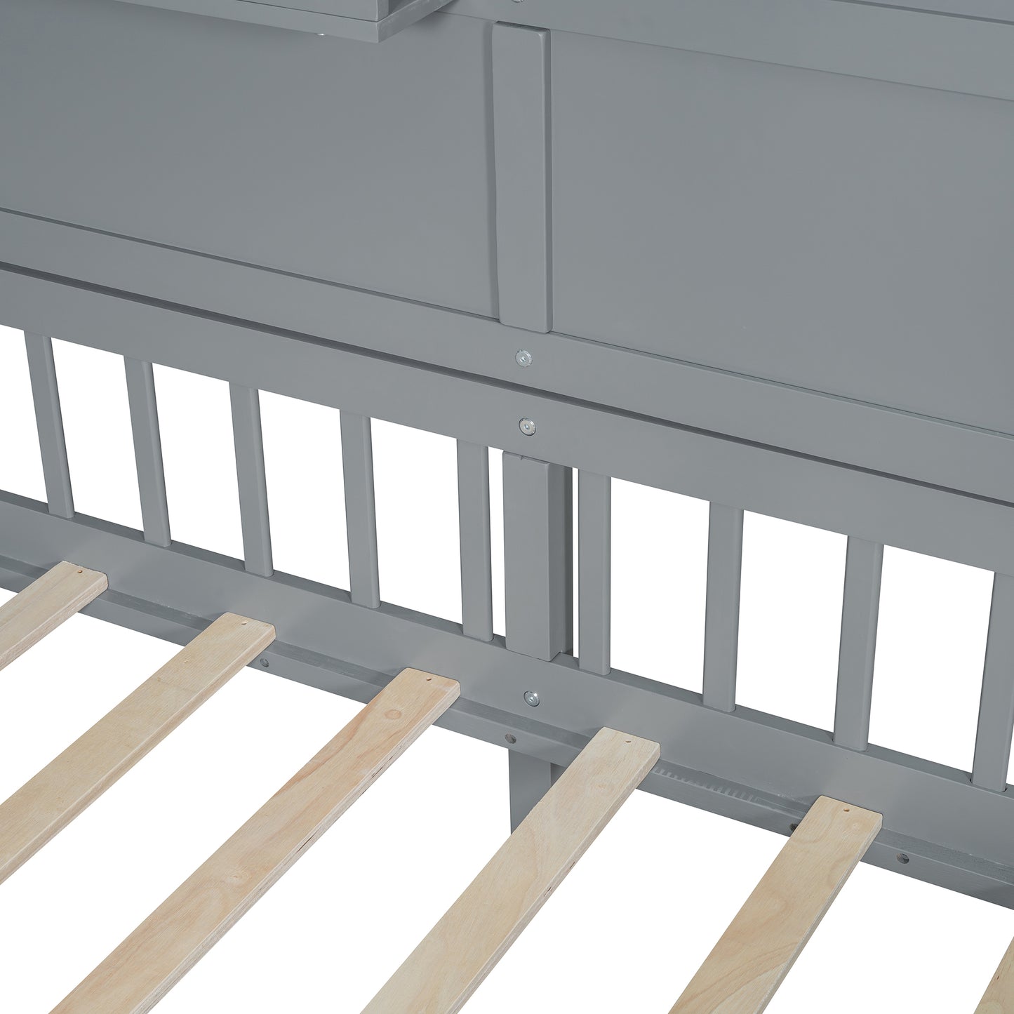 Gray wooden bed frame with slatted base and vertical supports