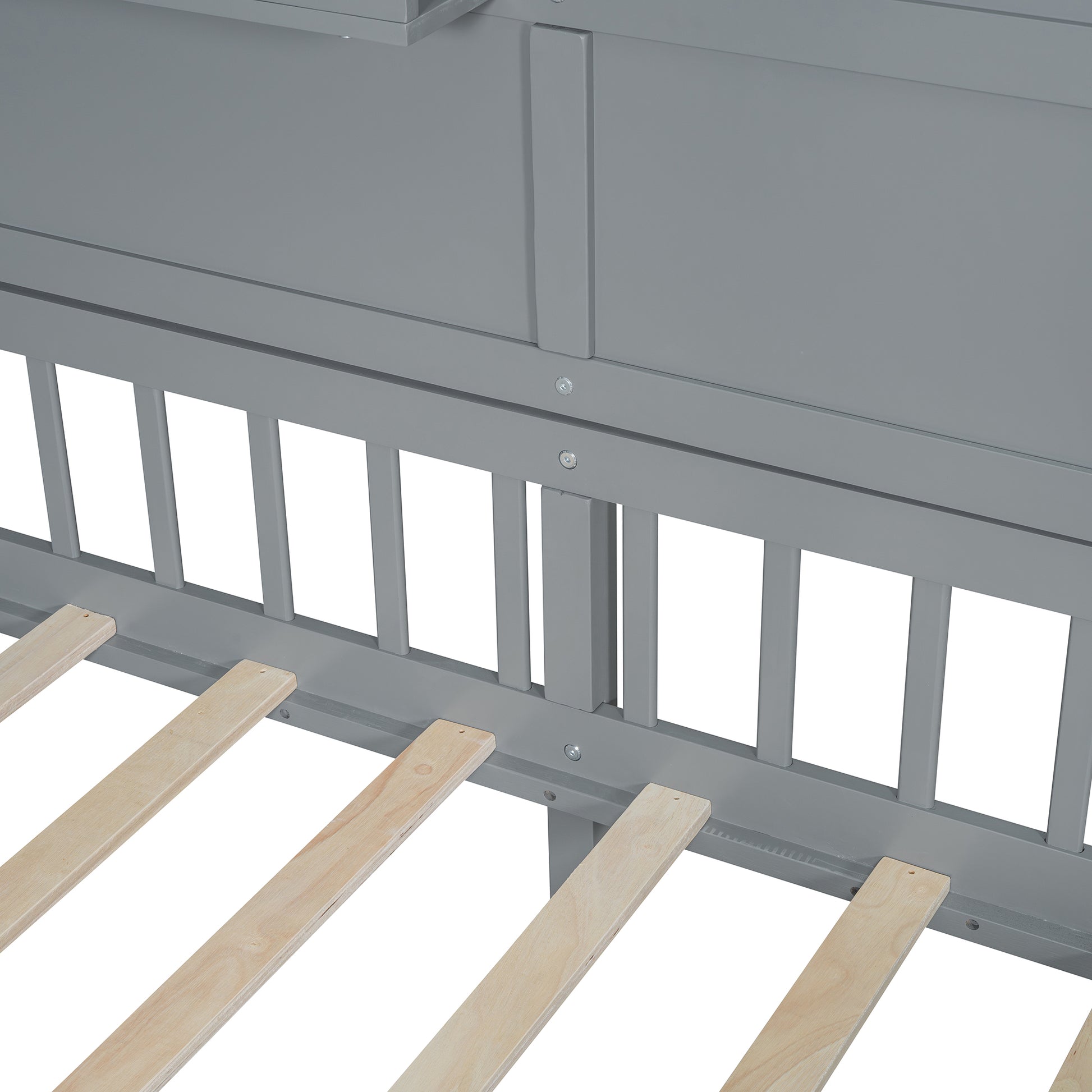 Gray wooden bed frame with slatted base and vertical supports