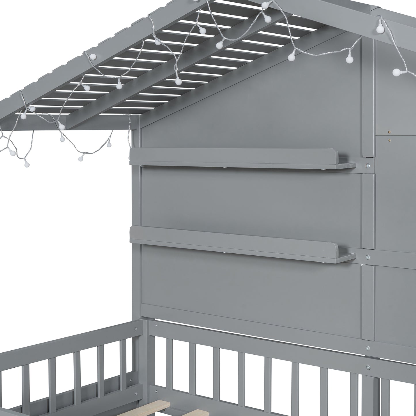 Gray wooden house bed with string lights