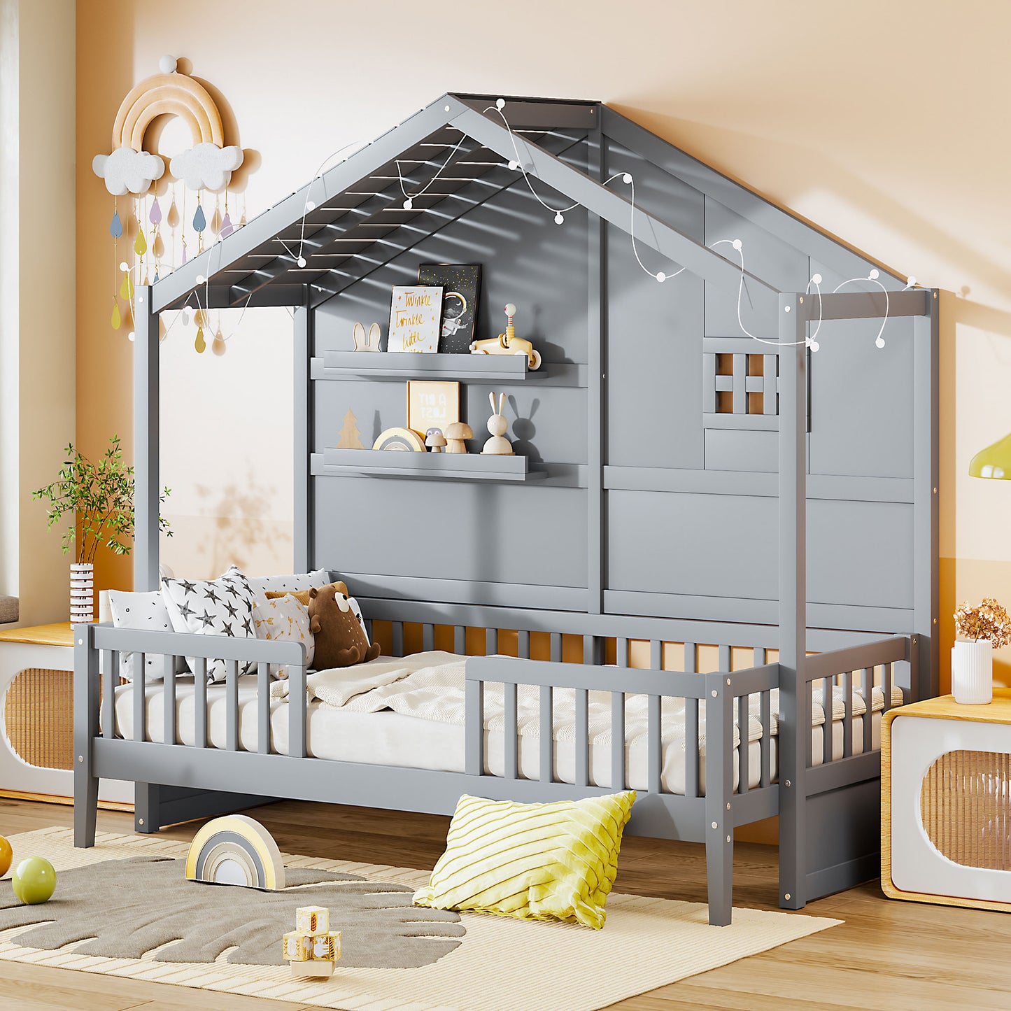 Gray houseshaped twin bed with safety rails ideal for toddlers rooms