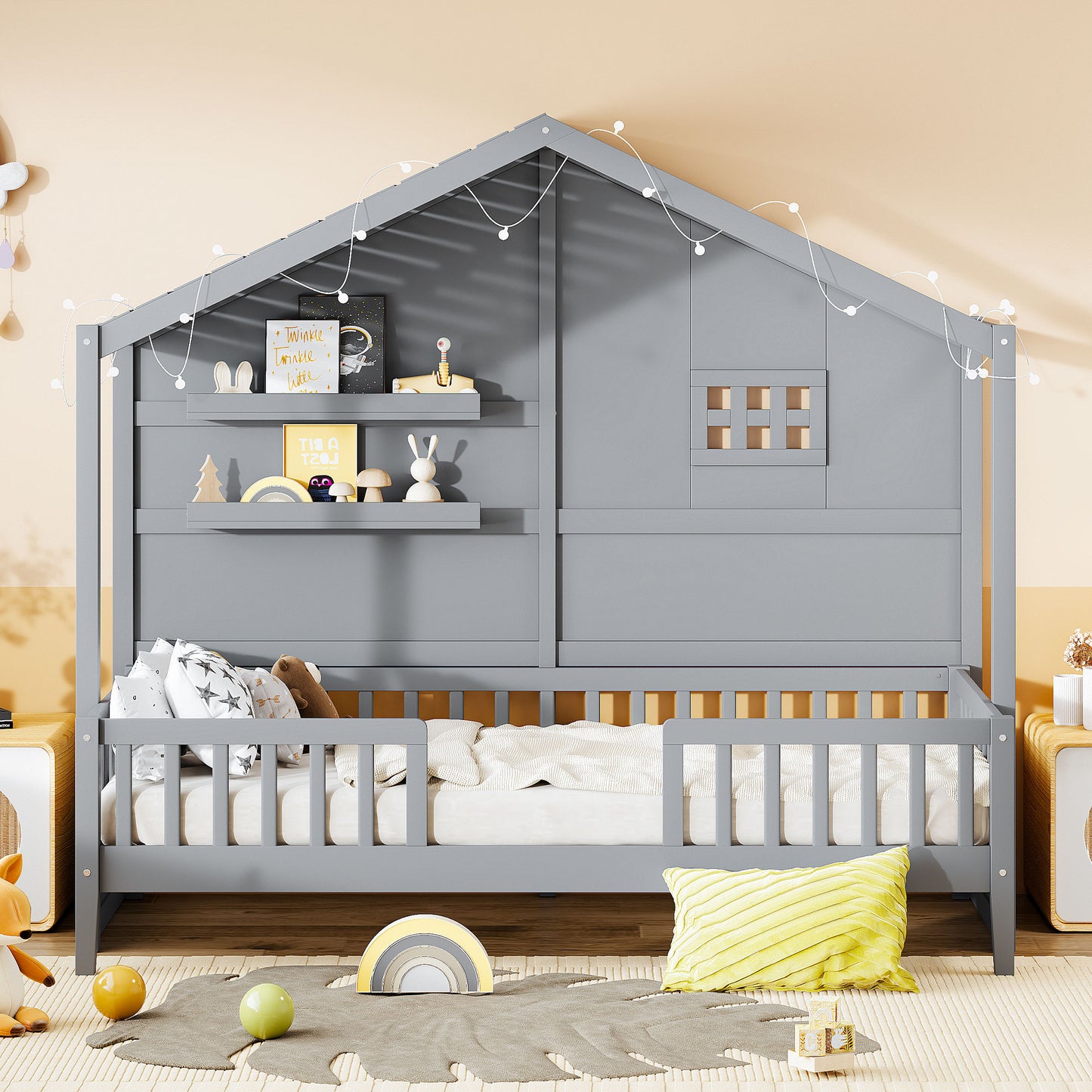 Grey wooden toddler bed with houseshaped frame and builtin shelves