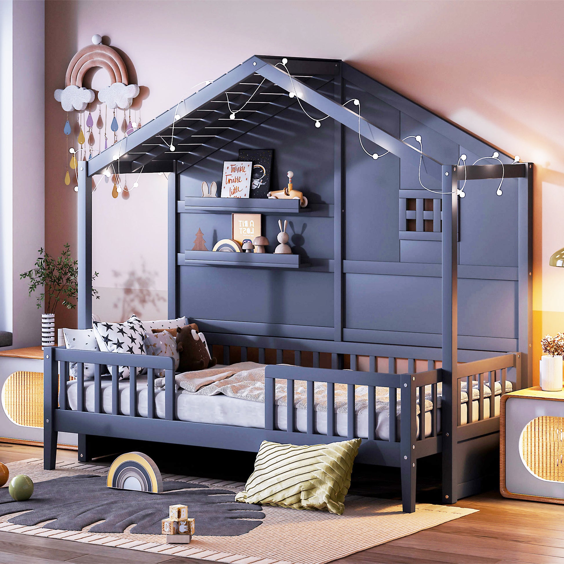 Dark grey wooden house bed frame with integrated rails and whimsical string lights