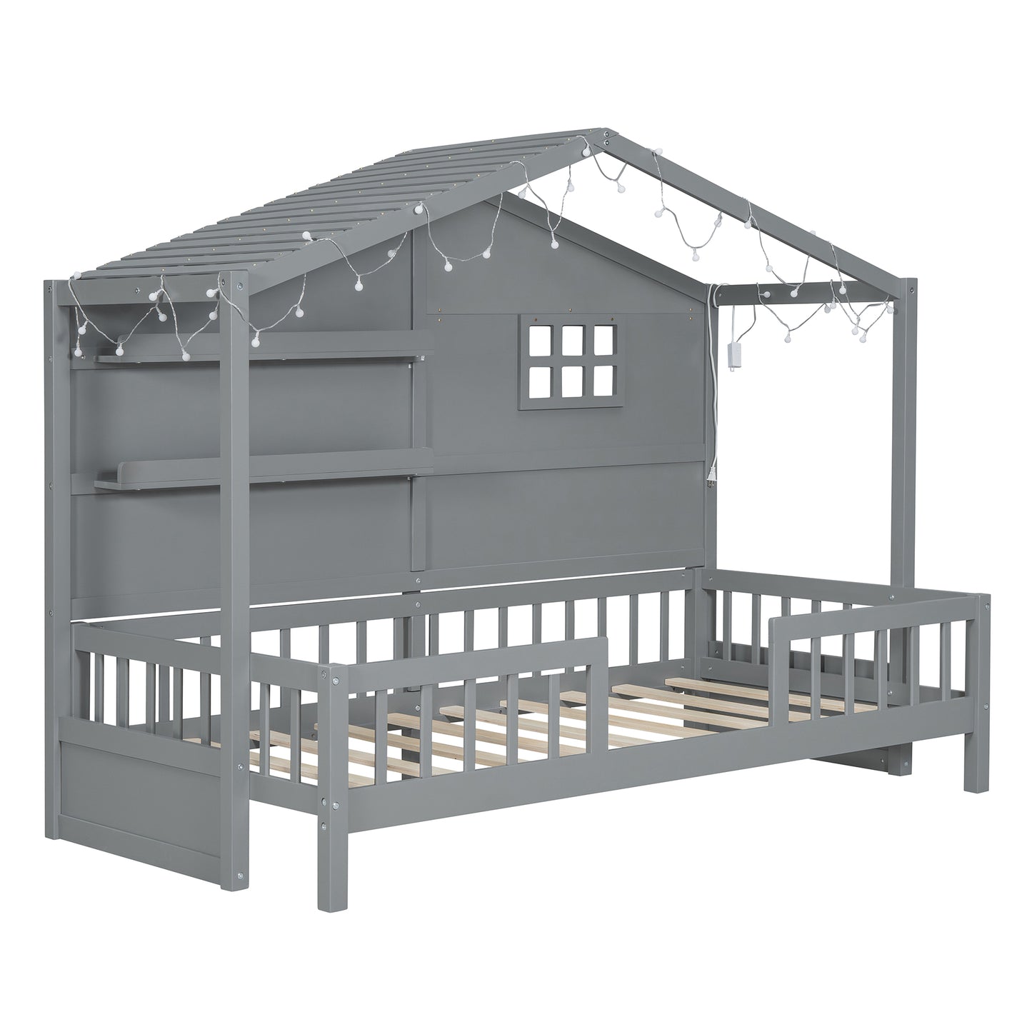 Gray wooden house bed frame with string lights and a window detail