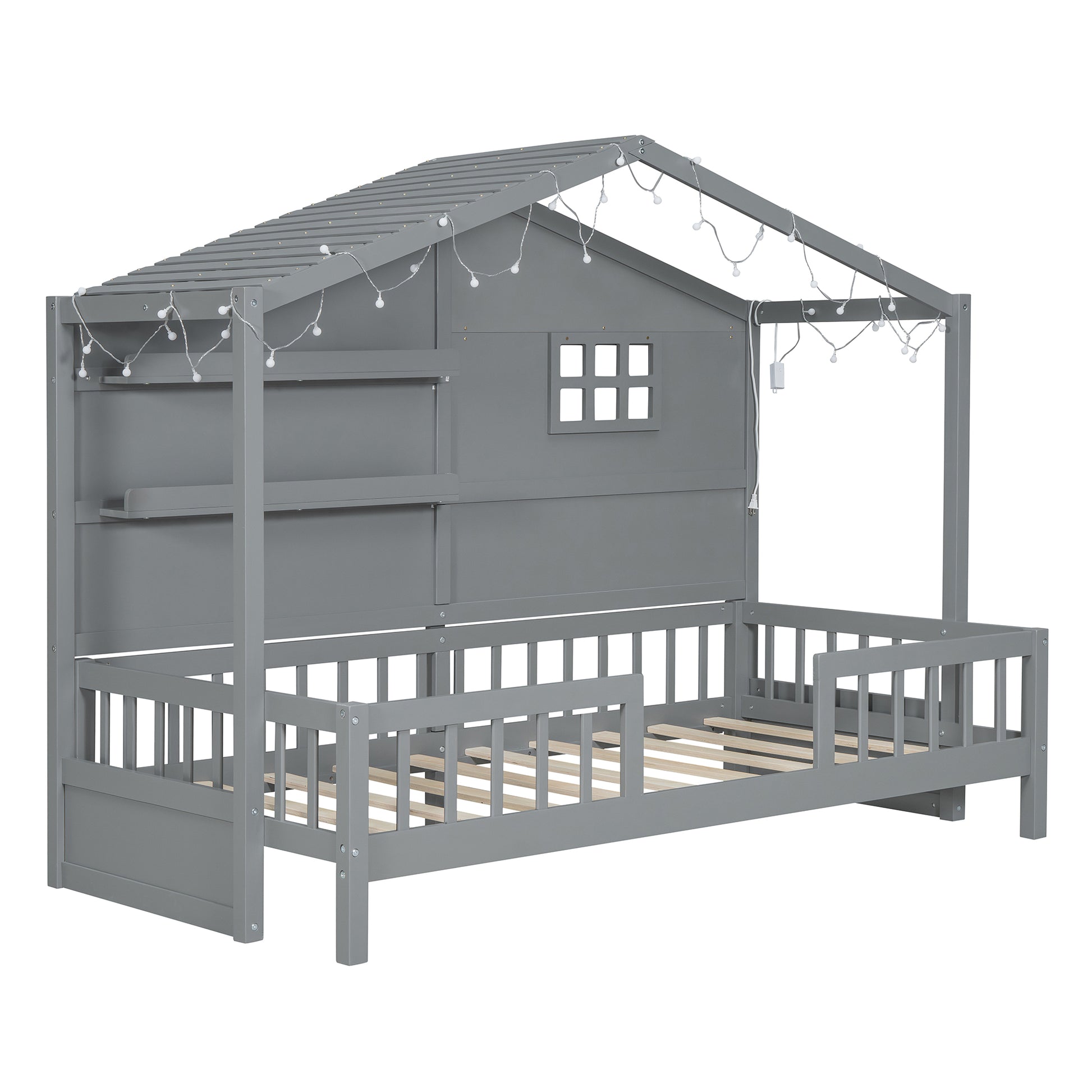Gray wooden house bed frame with string lights and a window detail