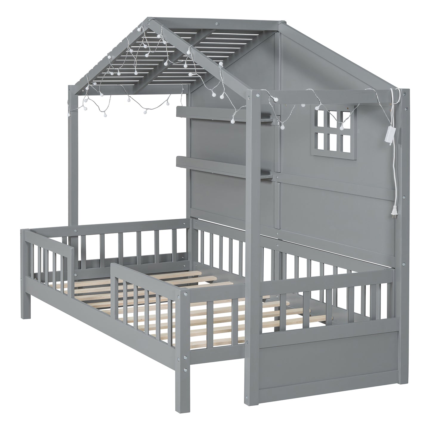 Gray wooden house bed with string lights and safety rails