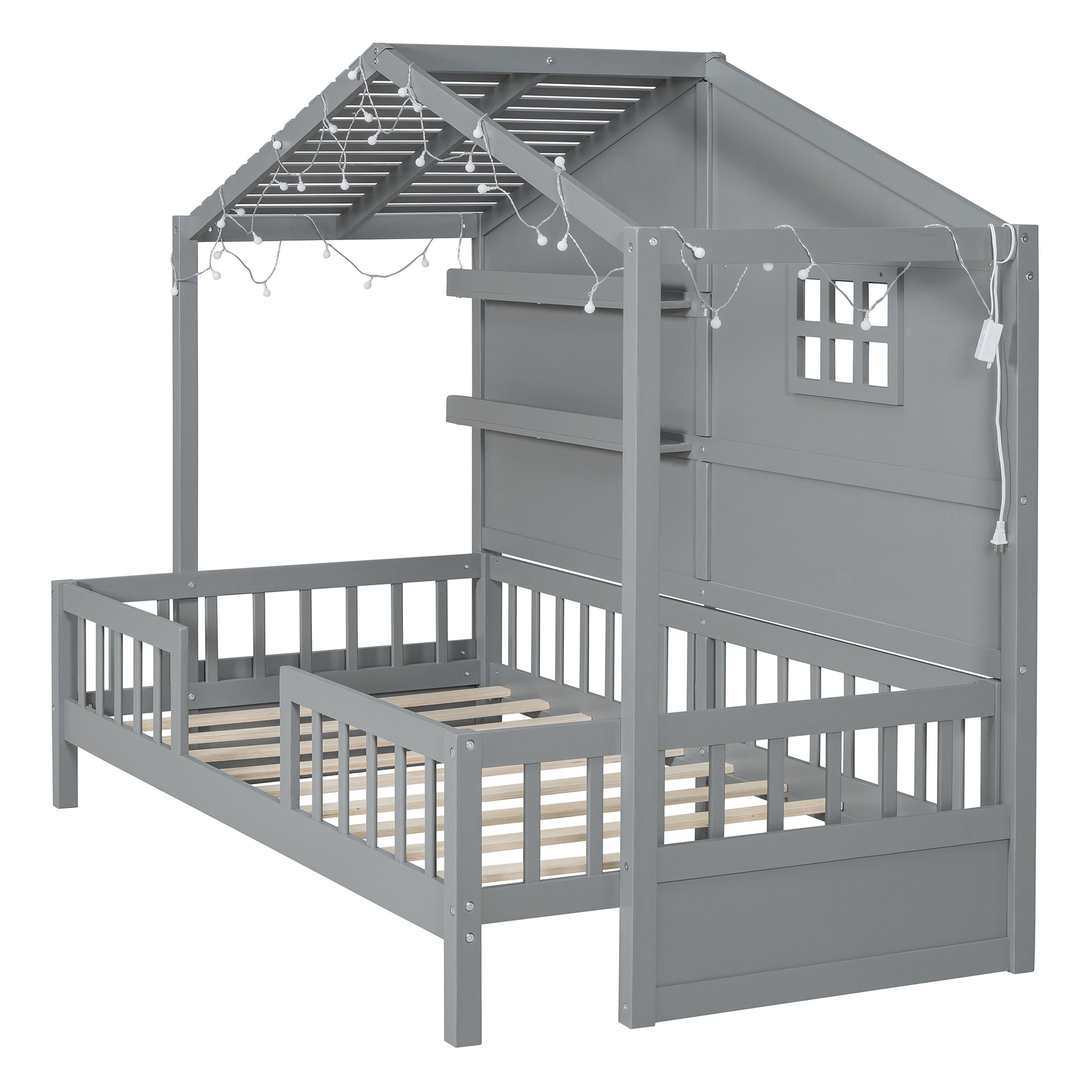 Gray wooden house bed with string lights and safety rails