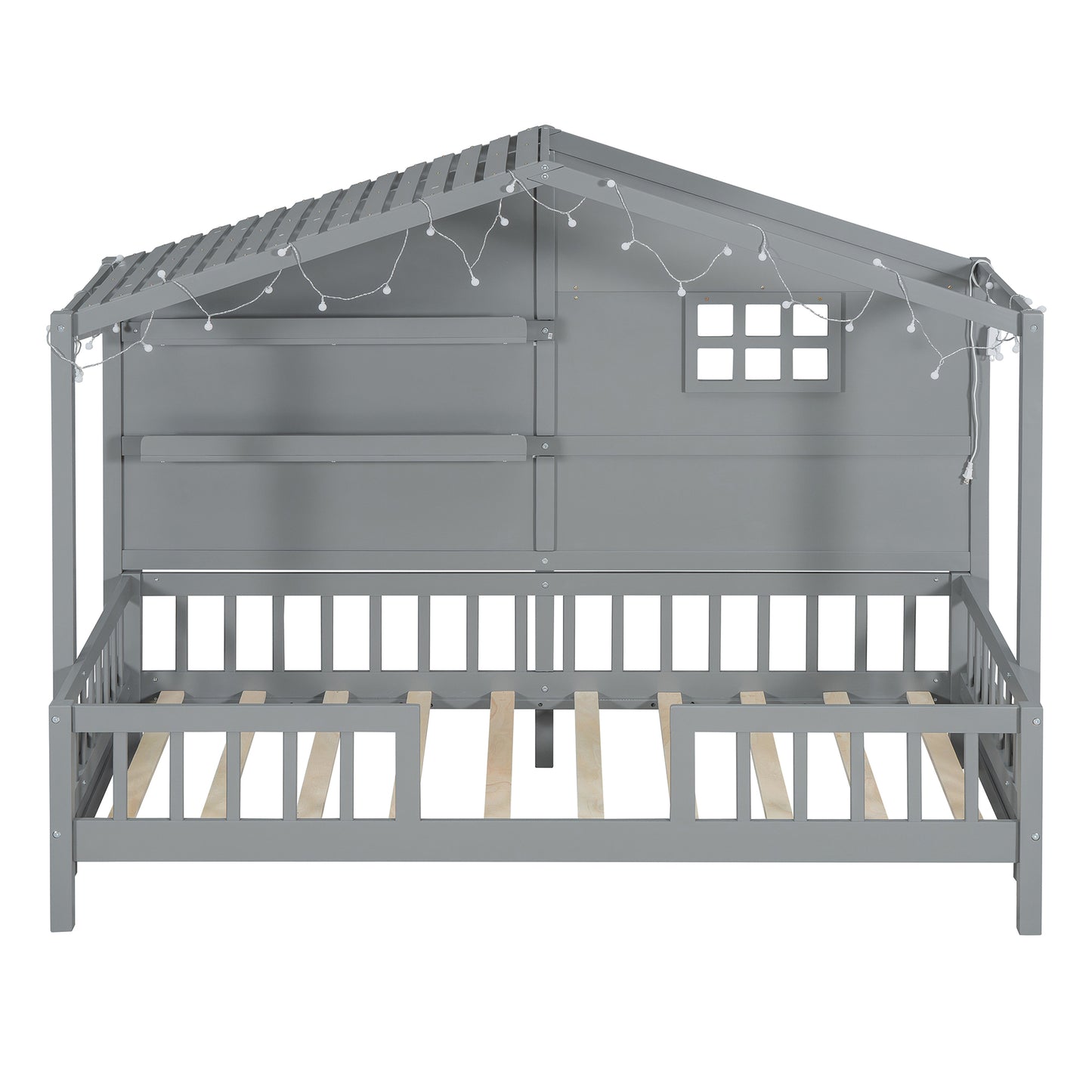 Gray wooden house bed frame with string lights for kids