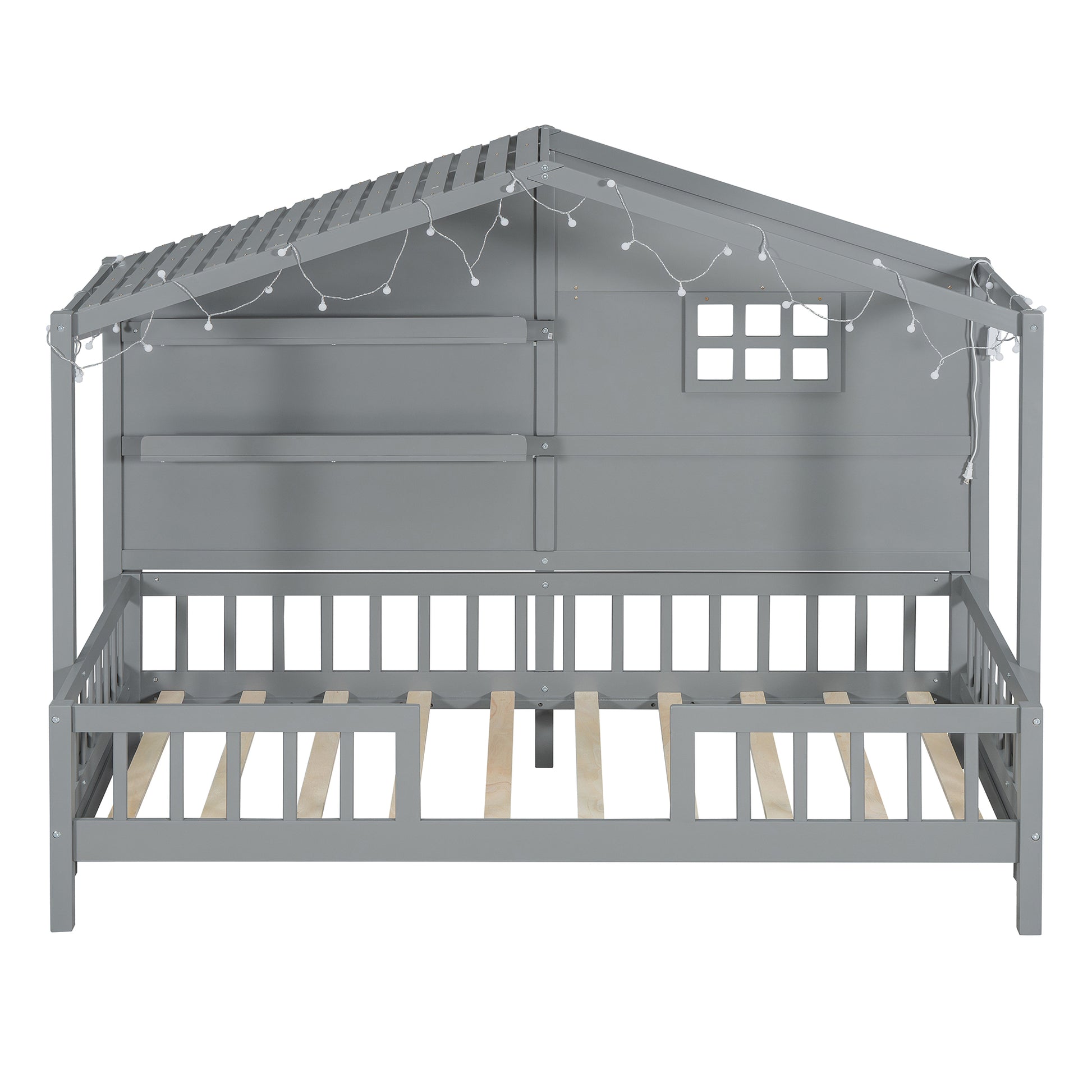 Gray wooden house bed frame with string lights for kids