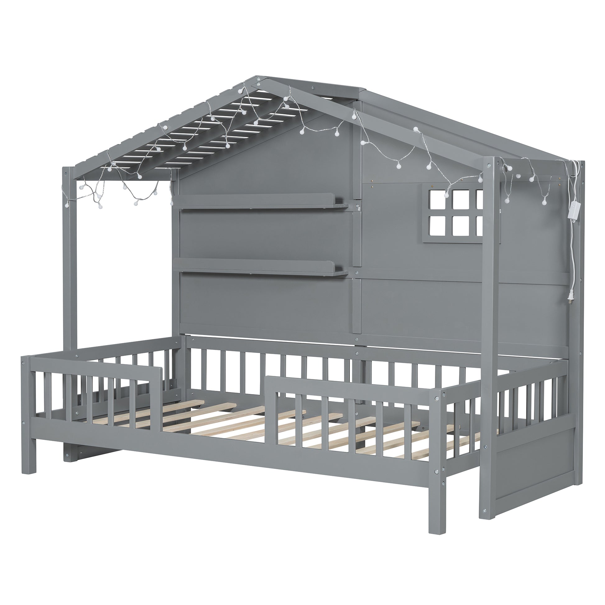 Gray wooden house bed frame with playful string lights