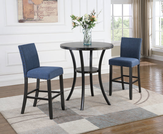 Blue upholstered bar stool with nailhead trim