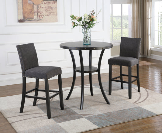 Dark gray upholstered counter stool with bronze nailhead trim