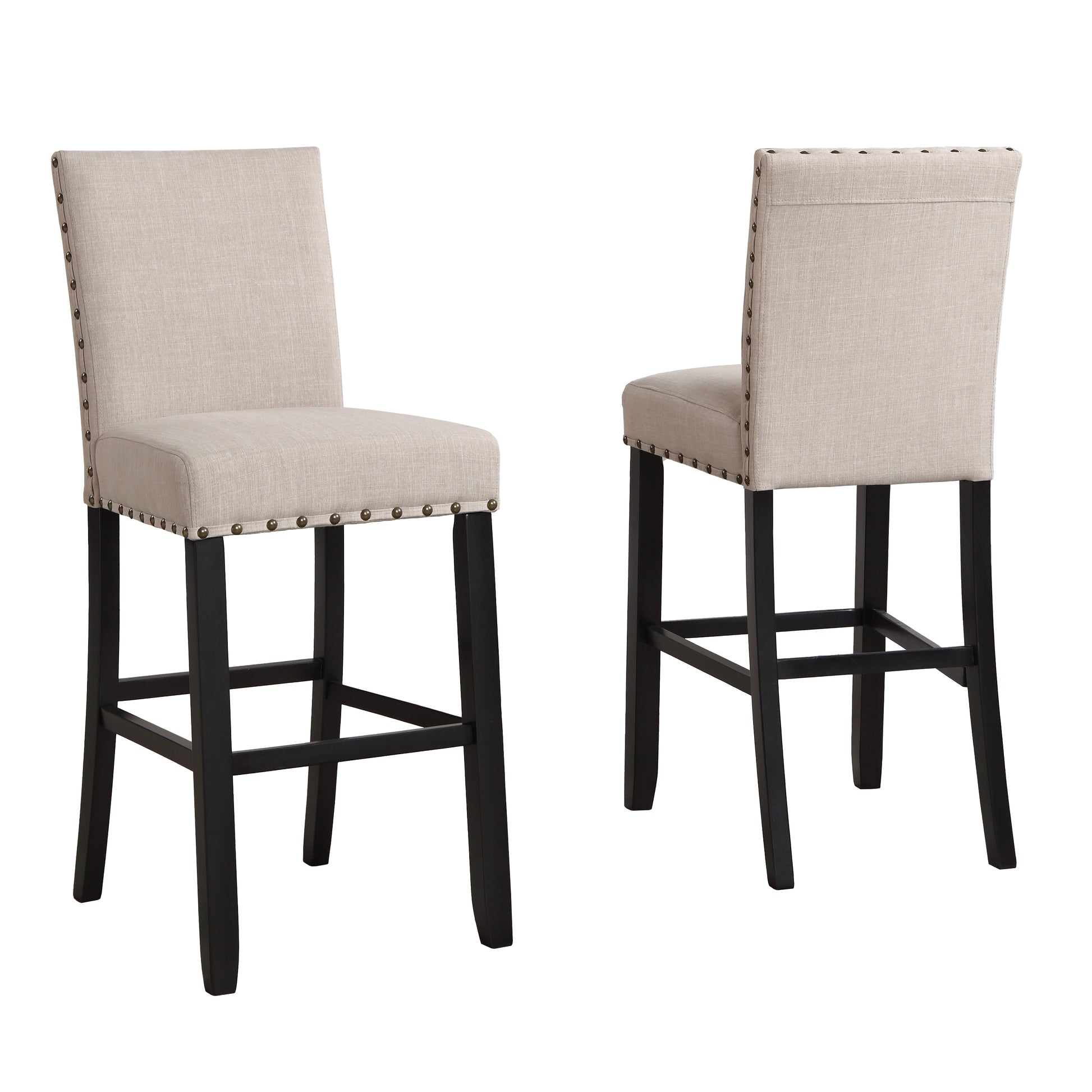 Beige linen bar stool with nailhead trim and black wooden legs