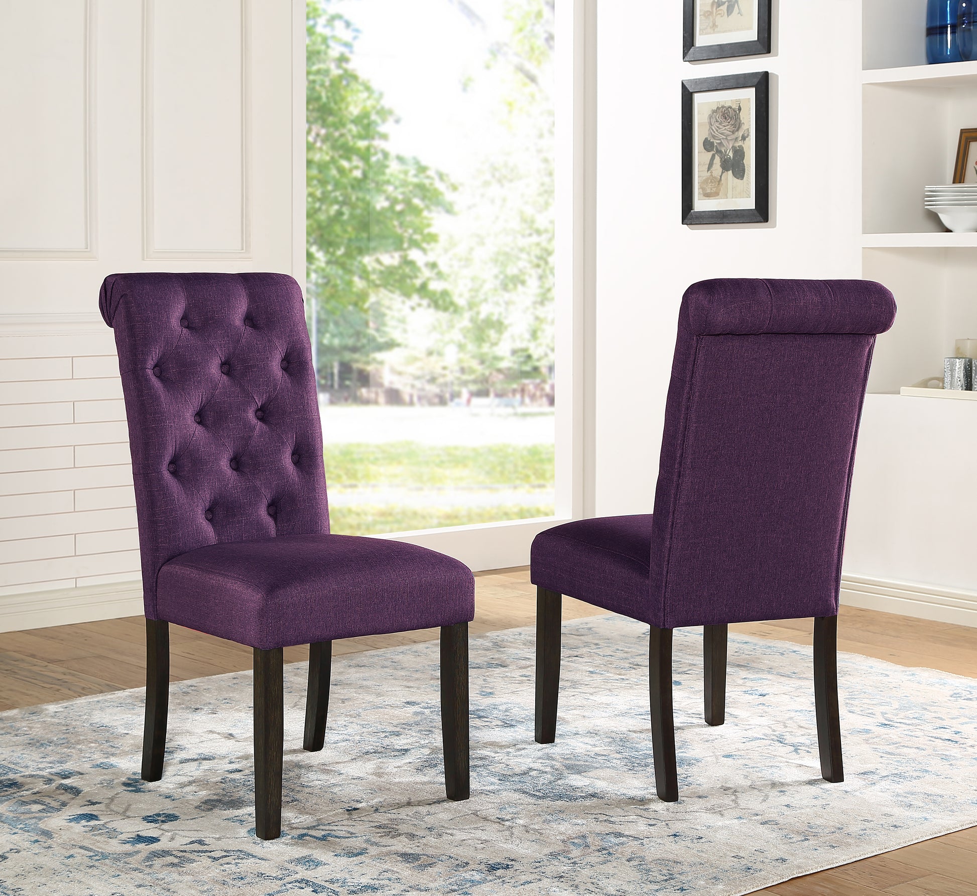 Tufted purple upholstered dining chair with dark wood legs