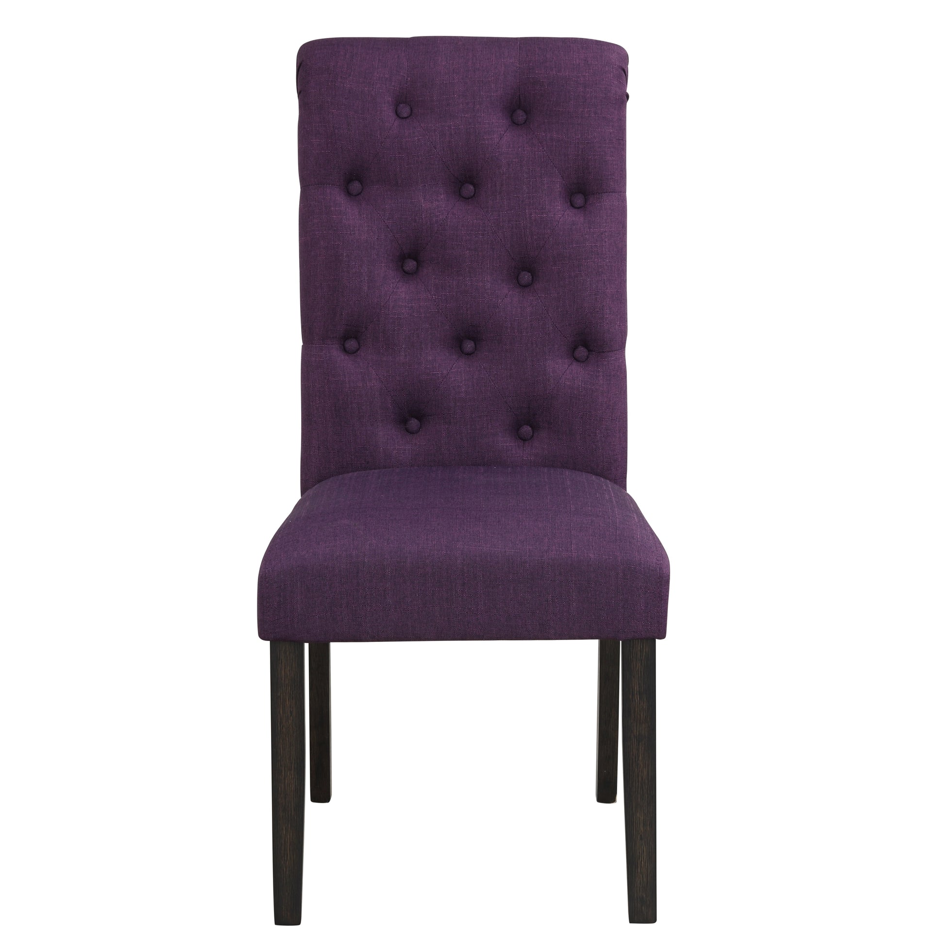 Tufted purple fabric dining chair with dark wooden legs