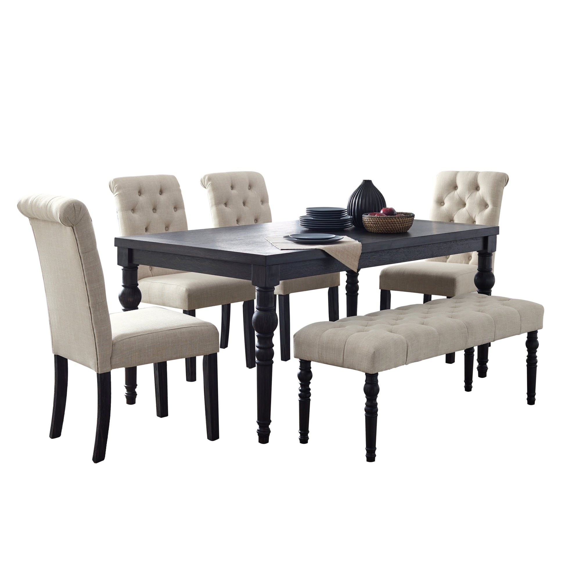 Tufted linen dining chair with cream upholstery and dark wooden legs