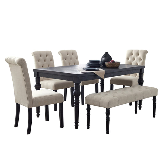 Tufted linen dining chair with cream upholstery and dark wooden legs