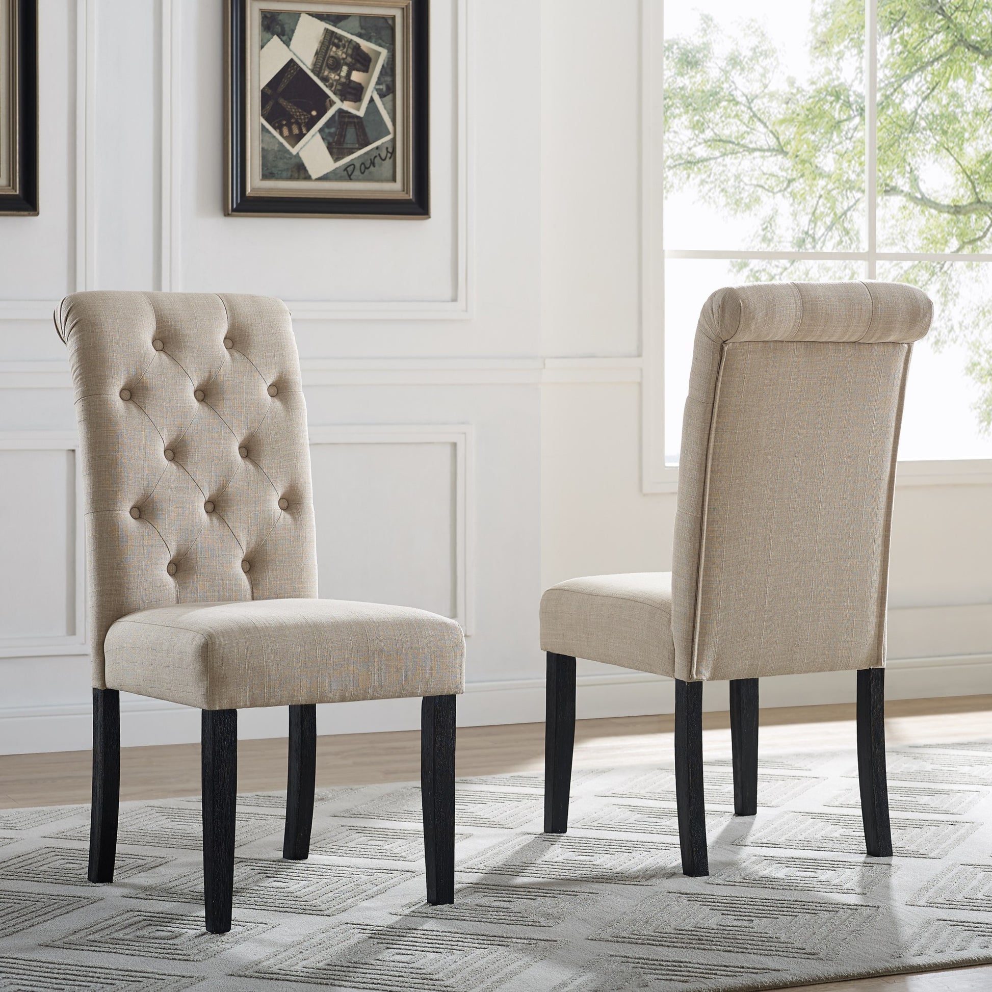 Tufted beige dining chair with dark wood legs