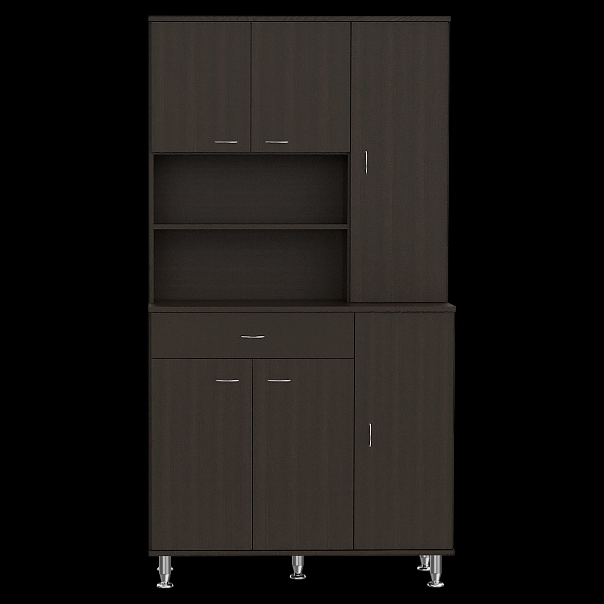 Dark wood pantry cabinet with open shelves and multiple doors