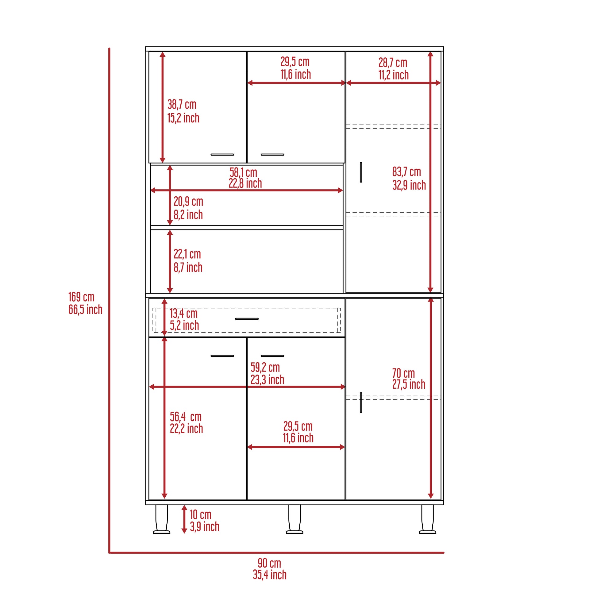 Line drawing blueprint of a modern cabinet showing dimensions