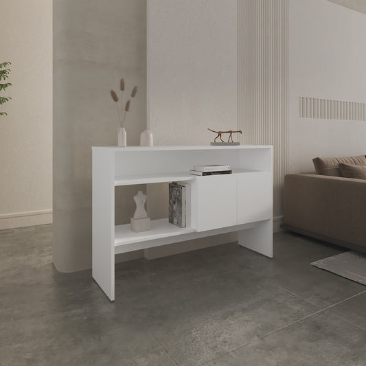 Modern white entryway console table with open shelves and cabinets