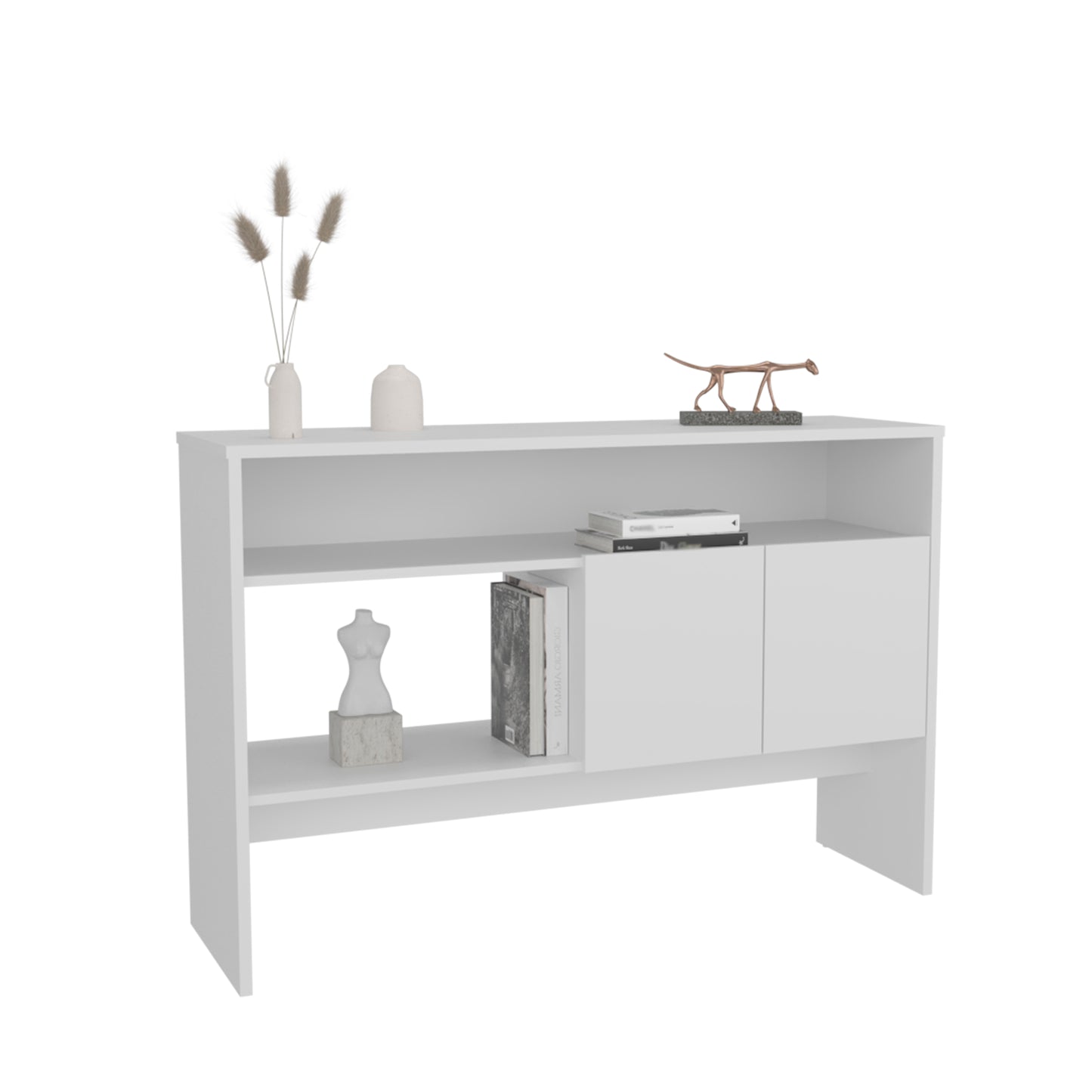 White modern console table with open shelving